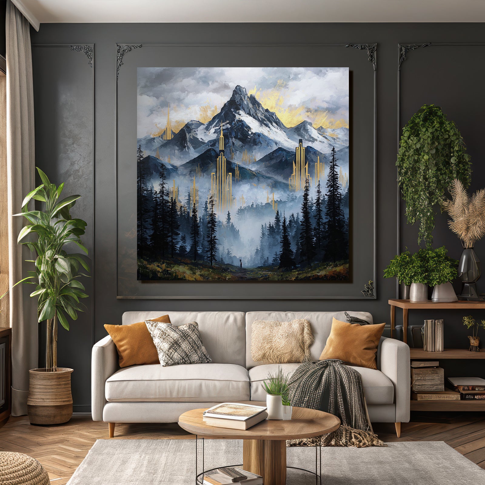 ArtDeco Mystische Berglandschaft Mit Goldenen Architekturelementen