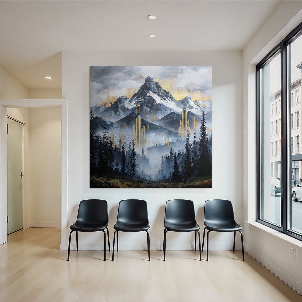 ArtDeco Mystische Berglandschaft Mit Goldenen Architekturelementen