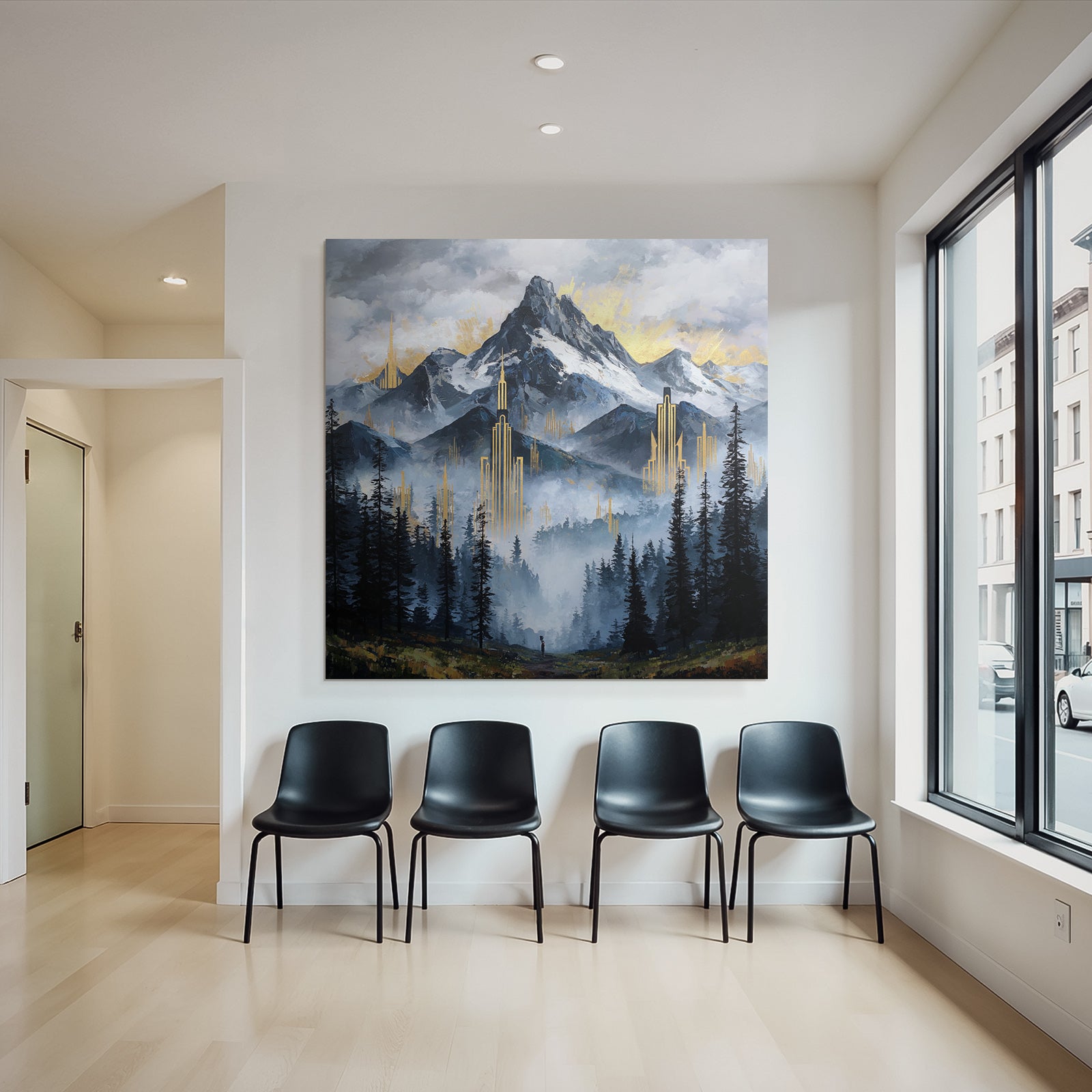 ArtDeco Mystische Berglandschaft Mit Goldenen Architekturelementen