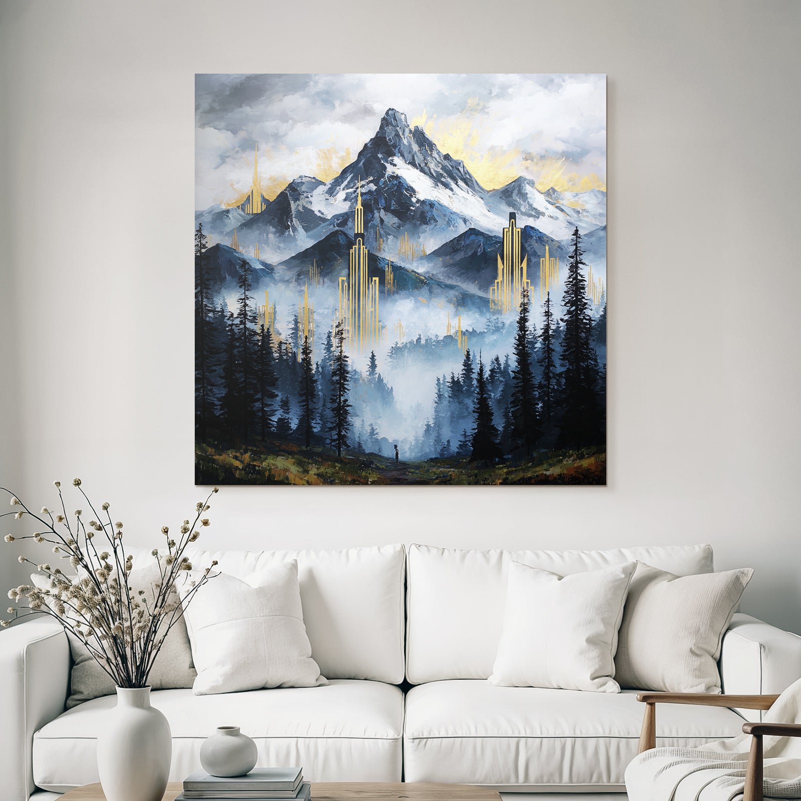 ArtDeco Mystische Berglandschaft Mit Goldenen Architekturelementen