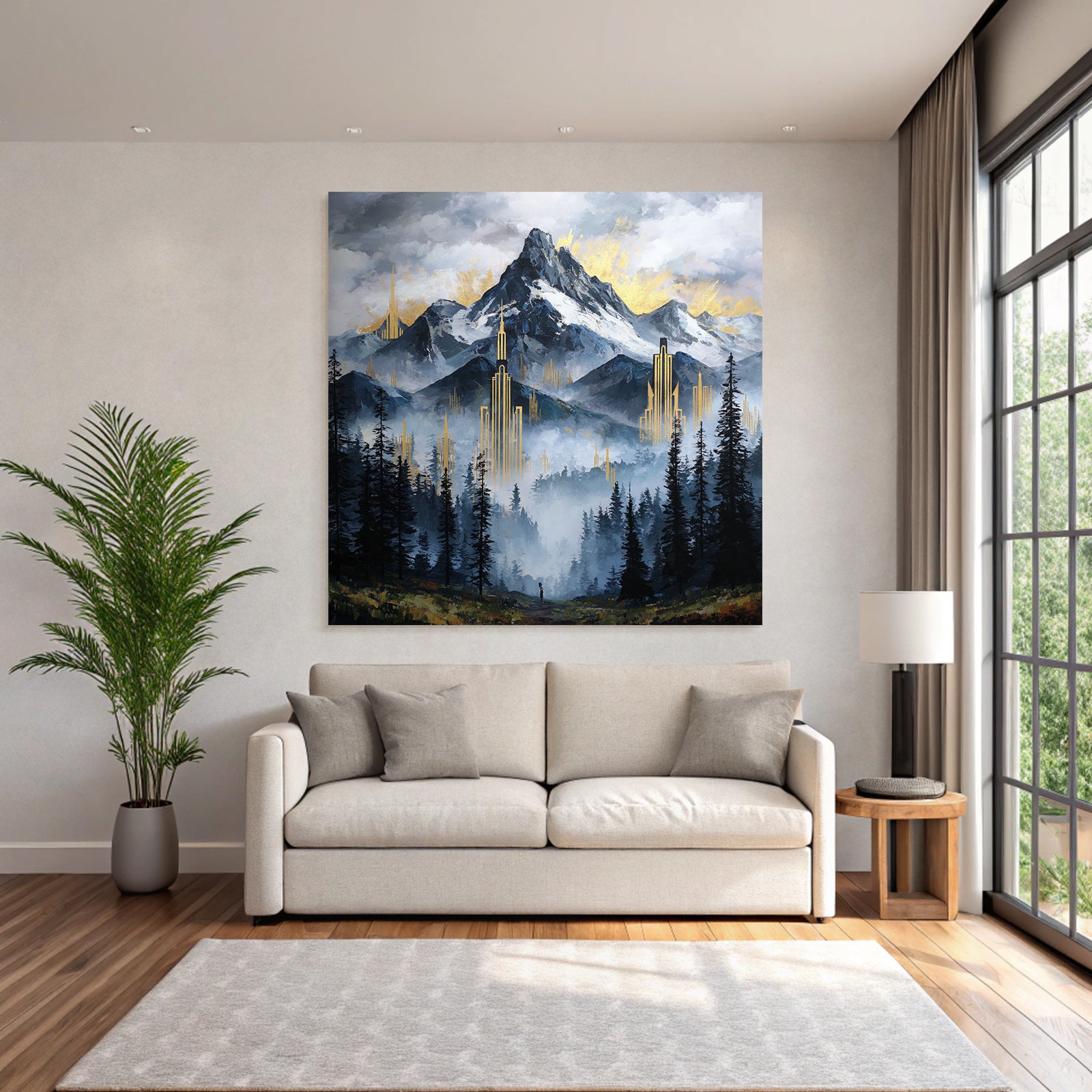 ArtDeco Mystische Berglandschaft Mit Goldenen Architekturelementen