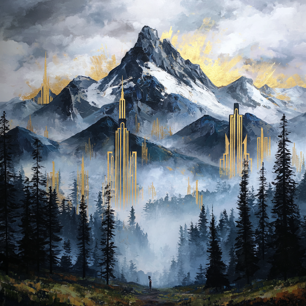 ArtDeco Mystische Berglandschaft Mit Goldenen Architekturelementen | Art Deco | Stilrichtungen