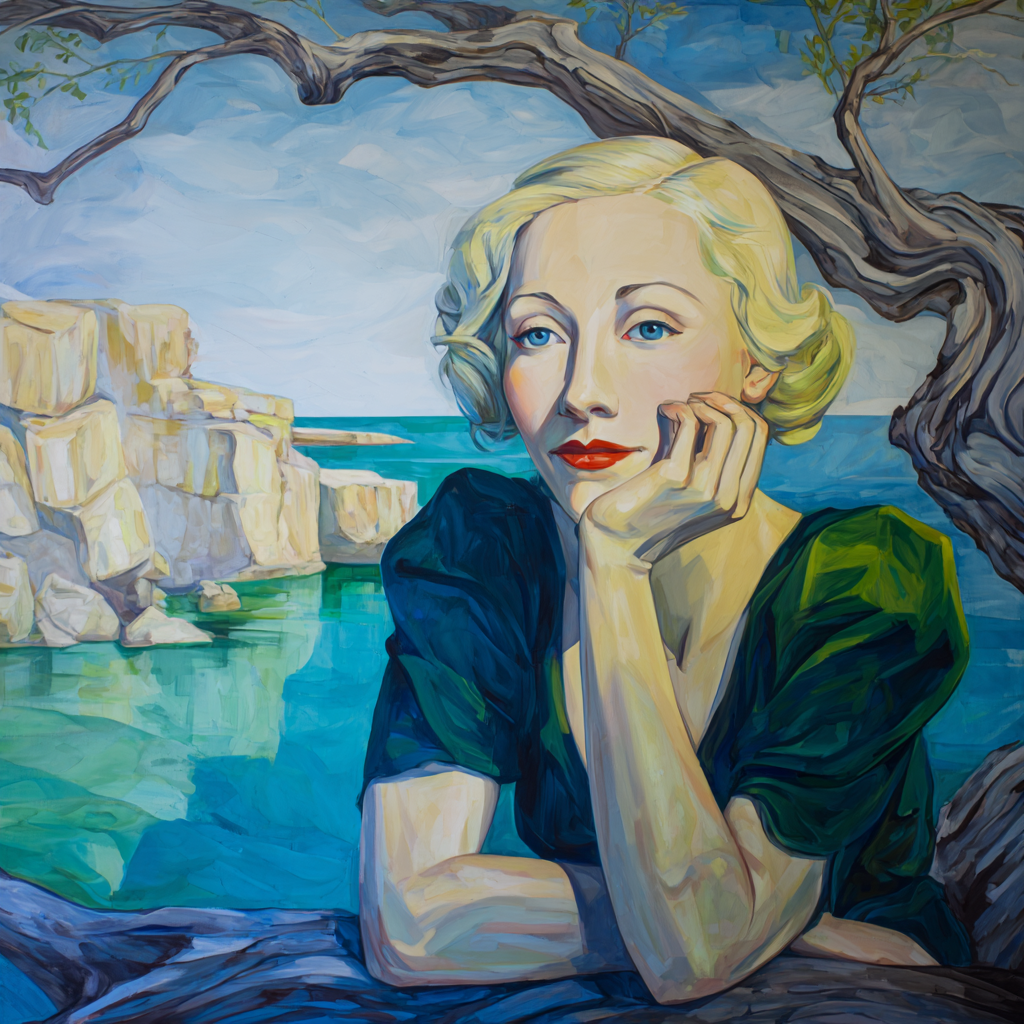 ArtDeco Nachdenkliche Frau Mit Grünem Kleid Vor Türkisfarbenem Wasser Und Felsklippen | Art Deco | Stilrichtungen
