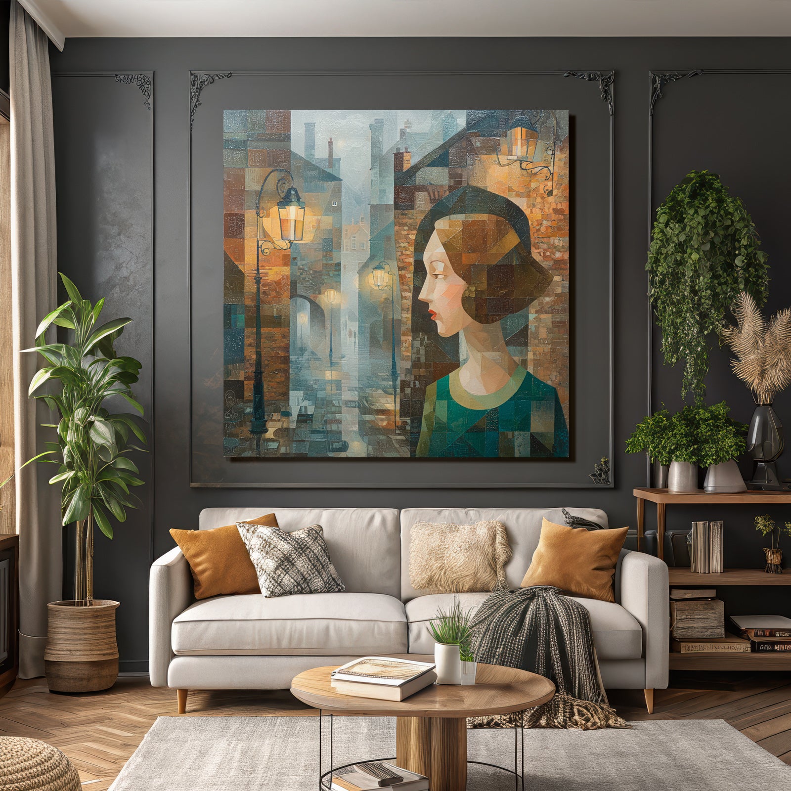 ArtDeco Nebelstadtfrau Im Profil An Gepflasterter Strasse