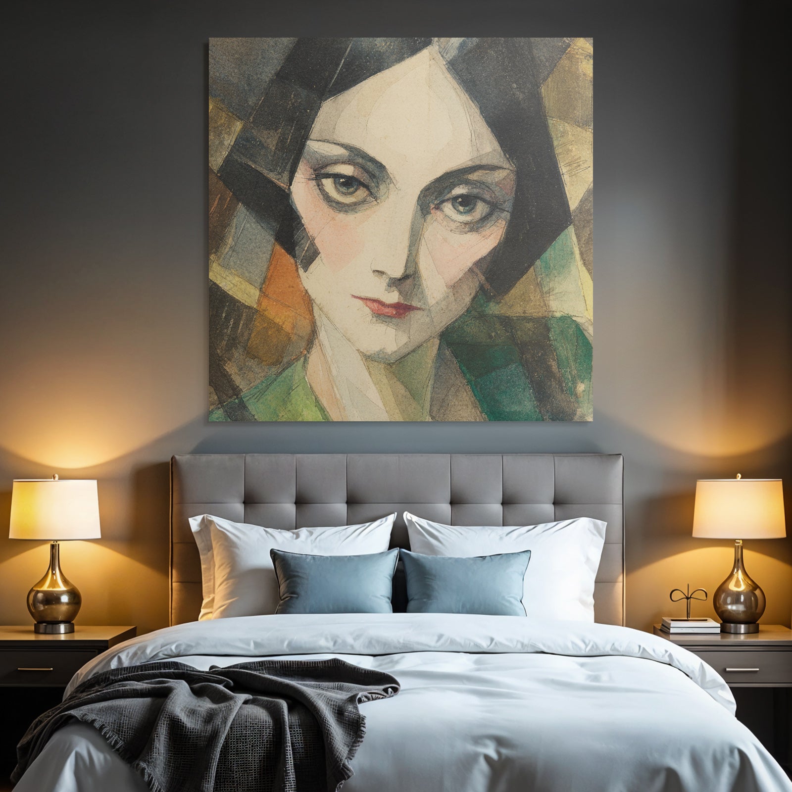 ArtDeco Porträt Einer Stilisierten Frau Mit Aquarell Und Geometrischen Formen
