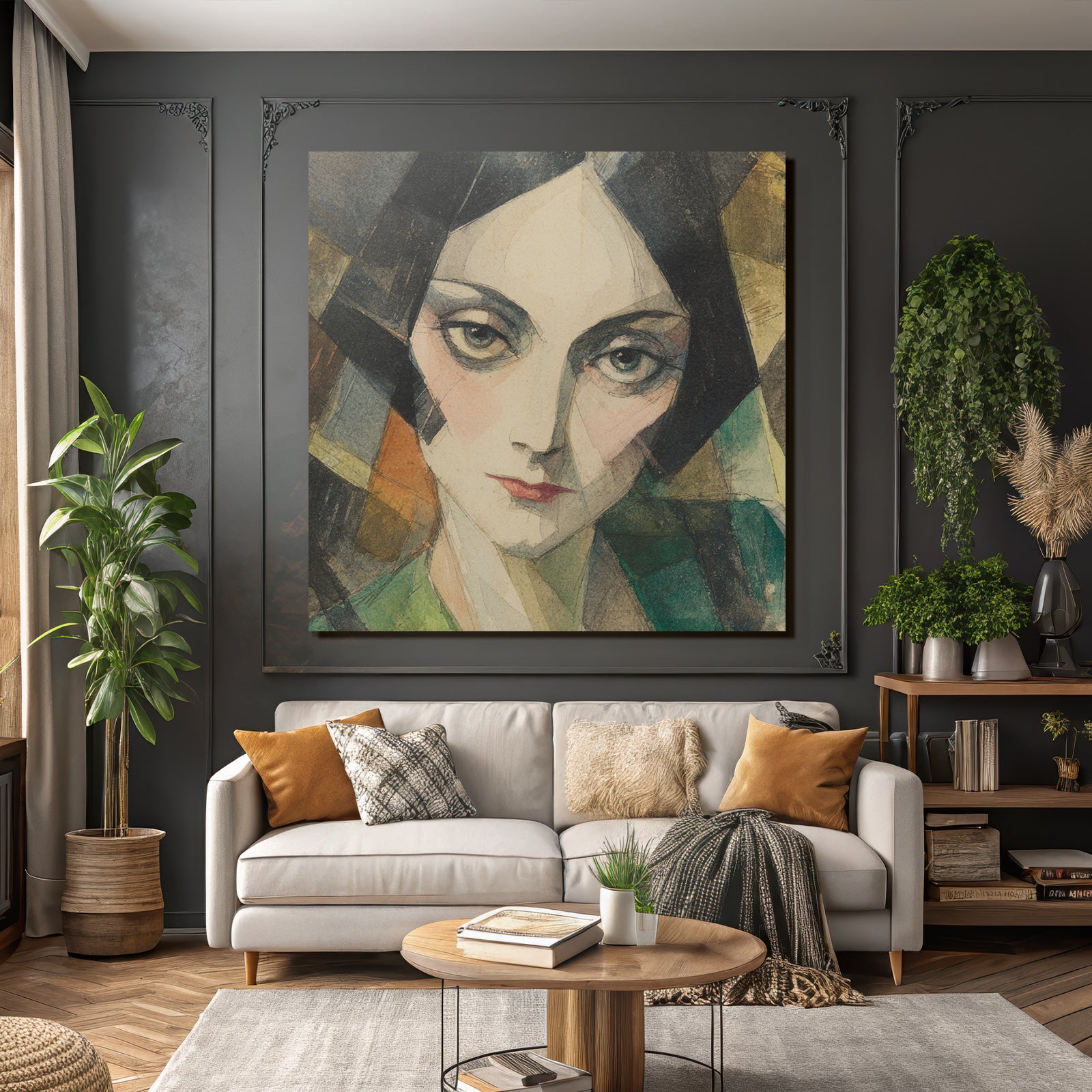 ArtDeco Porträt Einer Stilisierten Frau Mit Aquarell Und Geometrischen Formen