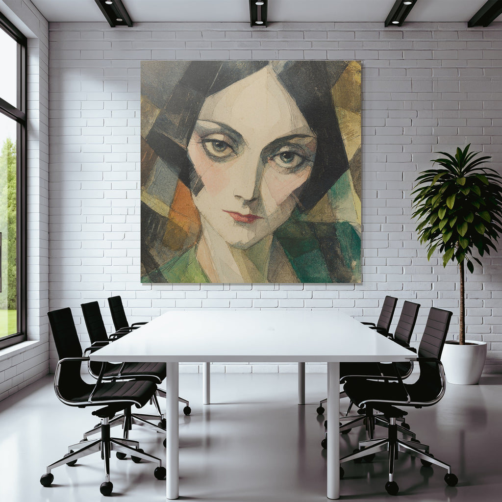 ArtDeco Porträt Einer Stilisierten Frau Mit Aquarell Und Geometrischen Formen