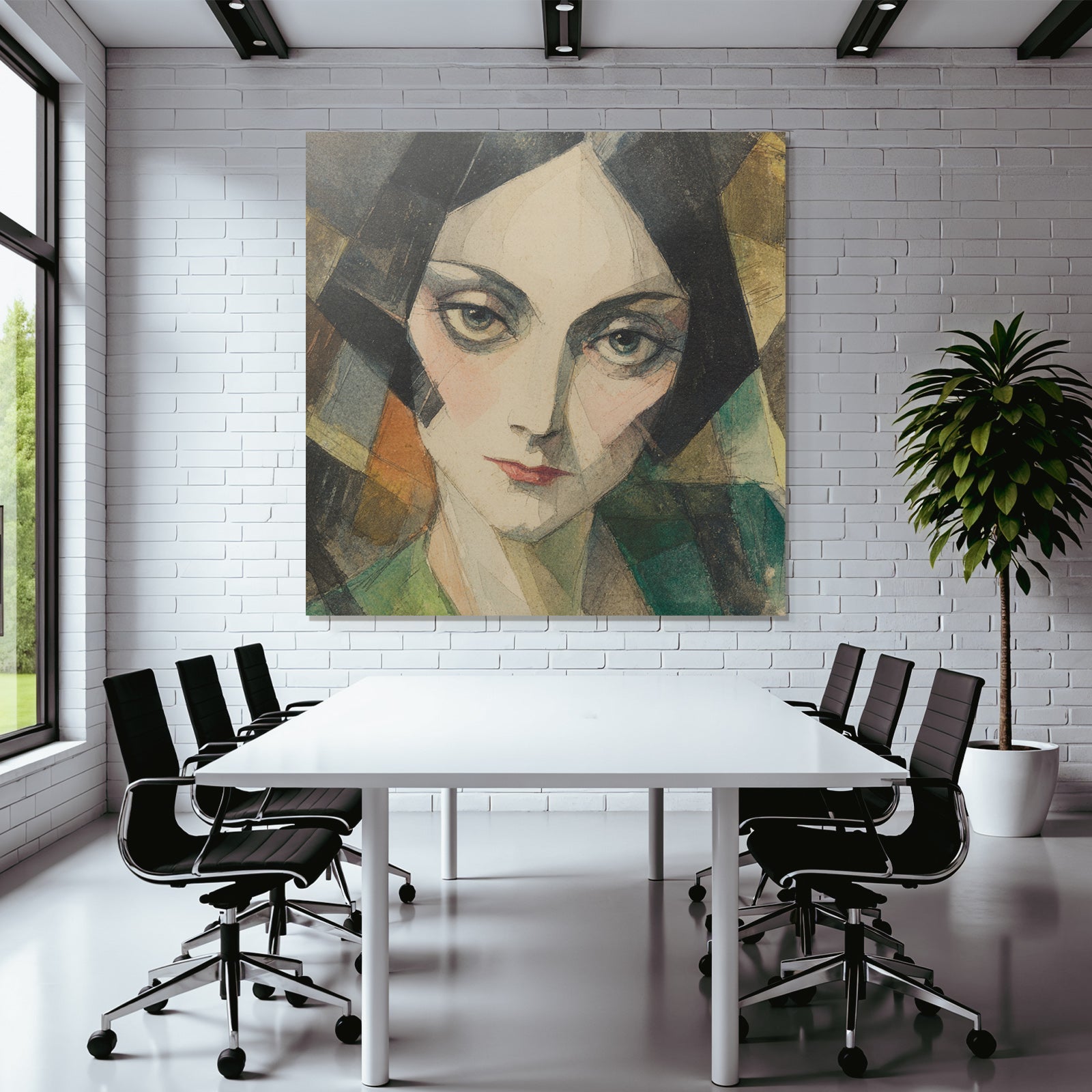 ArtDeco Porträt Einer Stilisierten Frau Mit Aquarell Und Geometrischen Formen