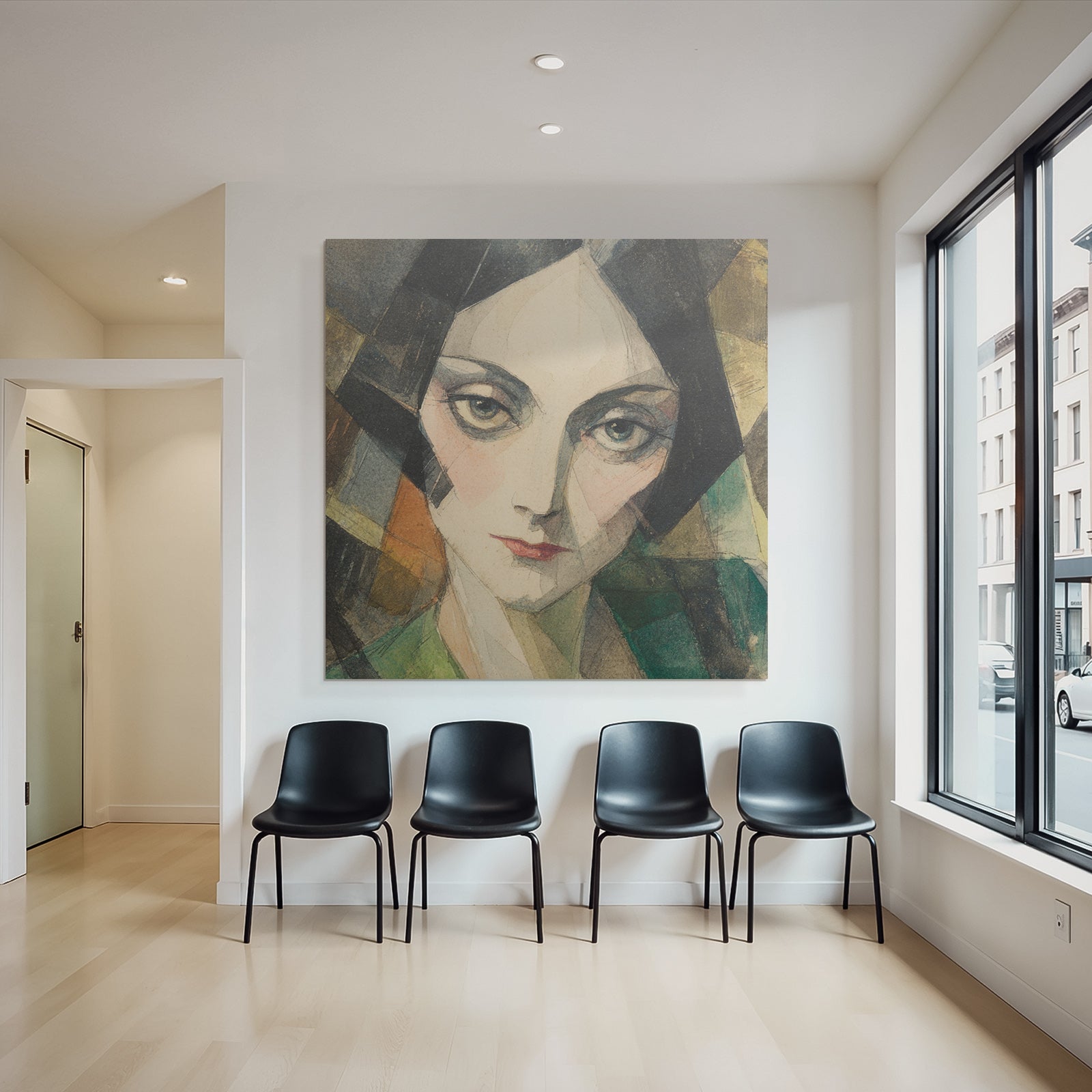 ArtDeco Porträt Einer Stilisierten Frau Mit Aquarell Und Geometrischen Formen