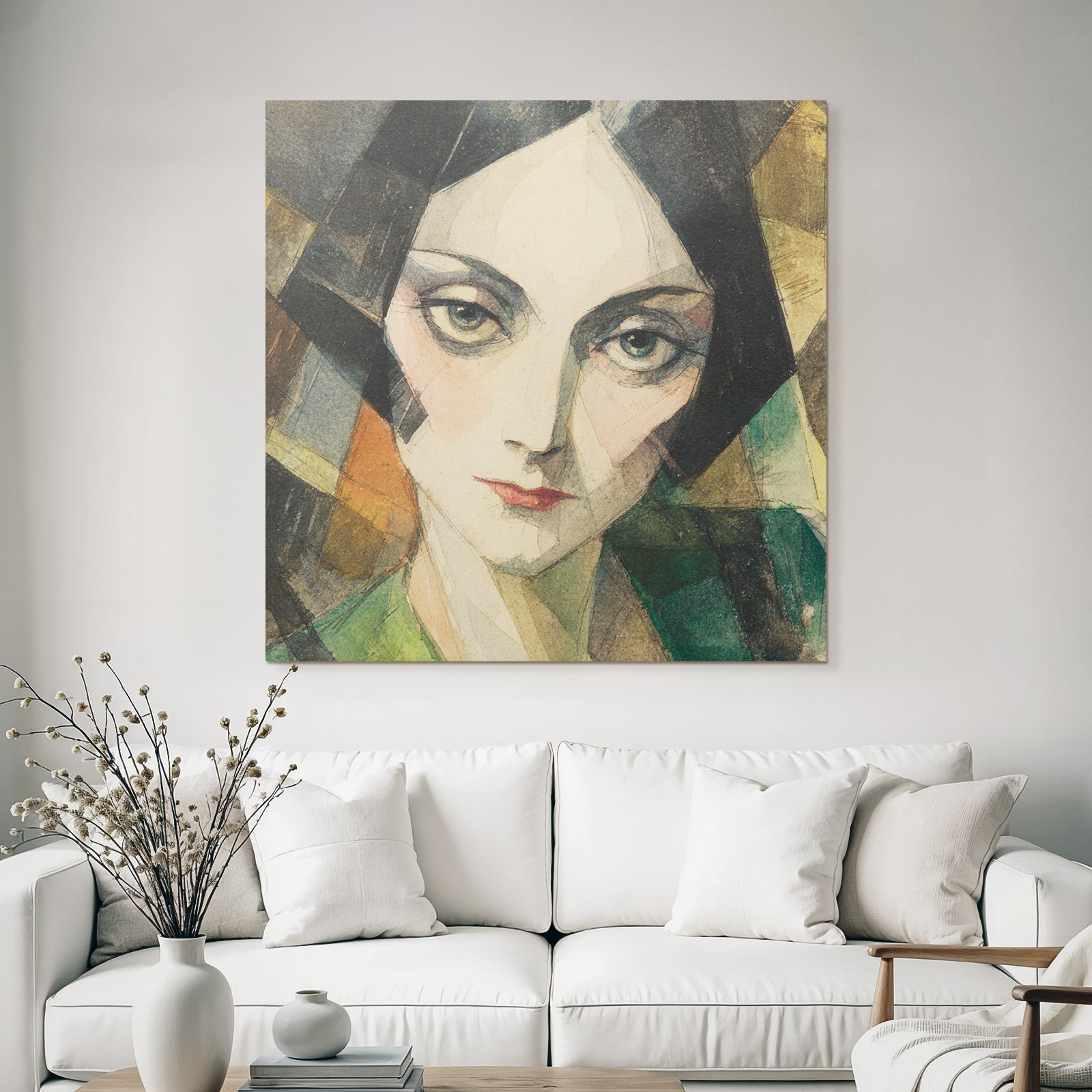ArtDeco Porträt Einer Stilisierten Frau Mit Aquarell Und Geometrischen Formen