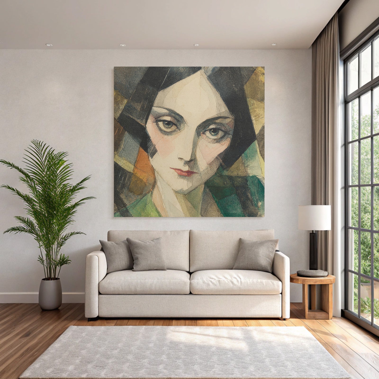 ArtDeco Porträt Einer Stilisierten Frau Mit Aquarell Und Geometrischen Formen