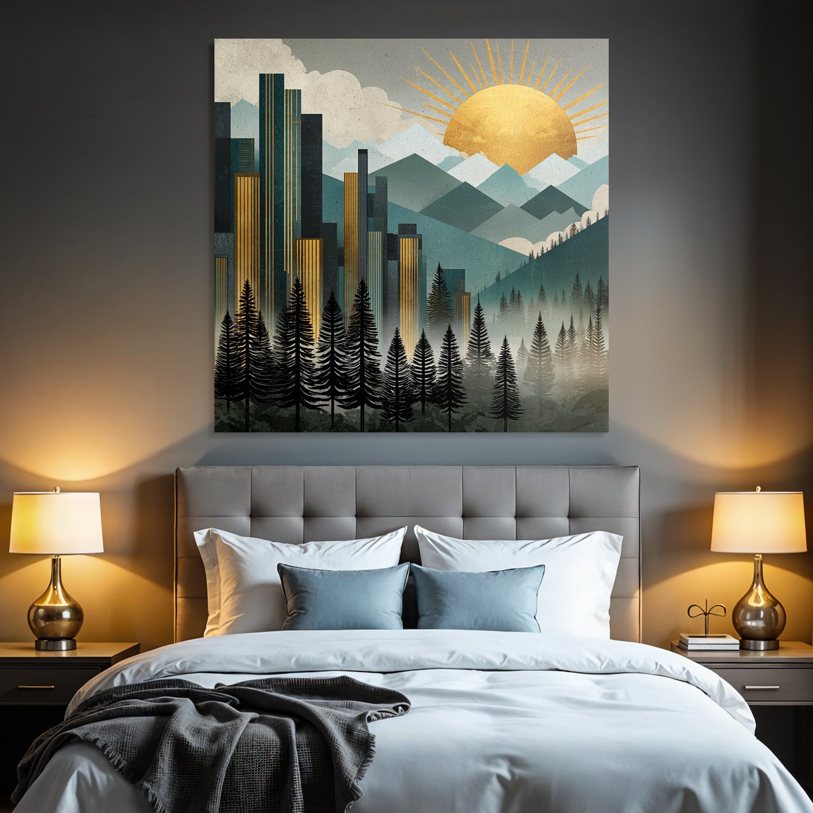 ArtDeco Stadtlandschaft Mit Bergen Und Baeumen