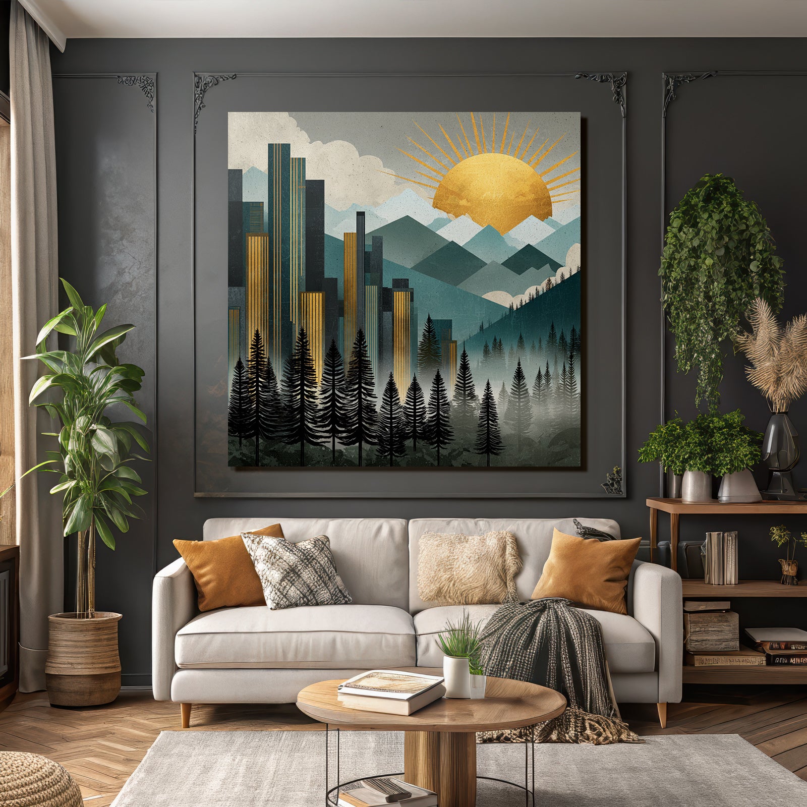 ArtDeco Stadtlandschaft Mit Bergen Und Baeumen
