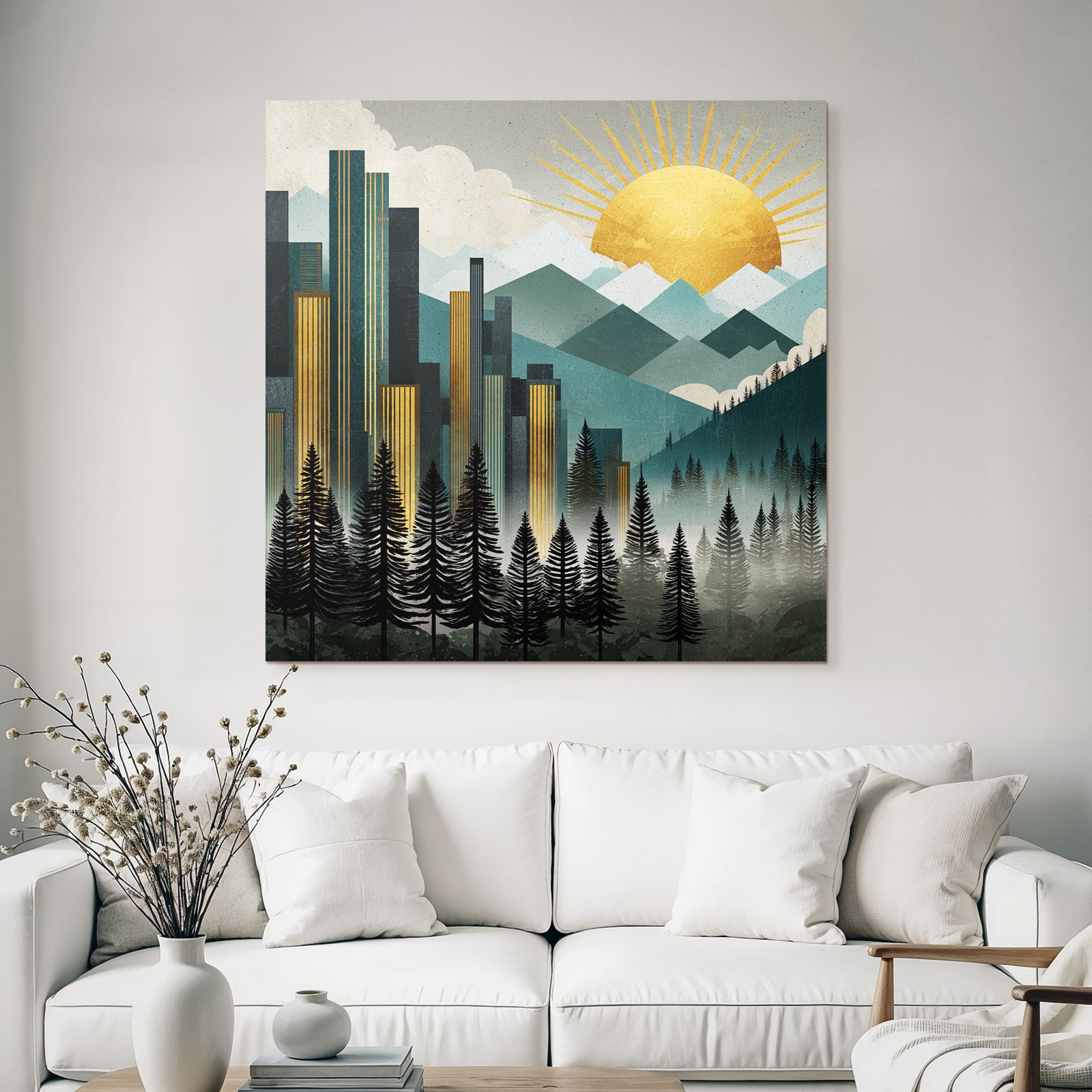 ArtDeco Stadtlandschaft Mit Bergen Und Baeumen