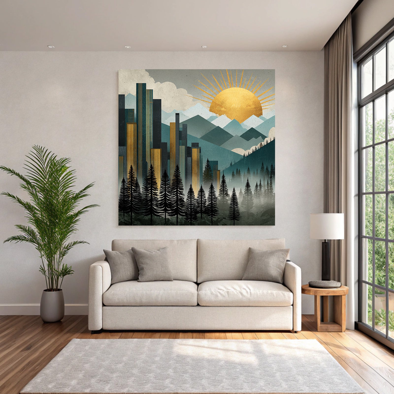 ArtDeco Stadtlandschaft Mit Bergen Und Baeumen
