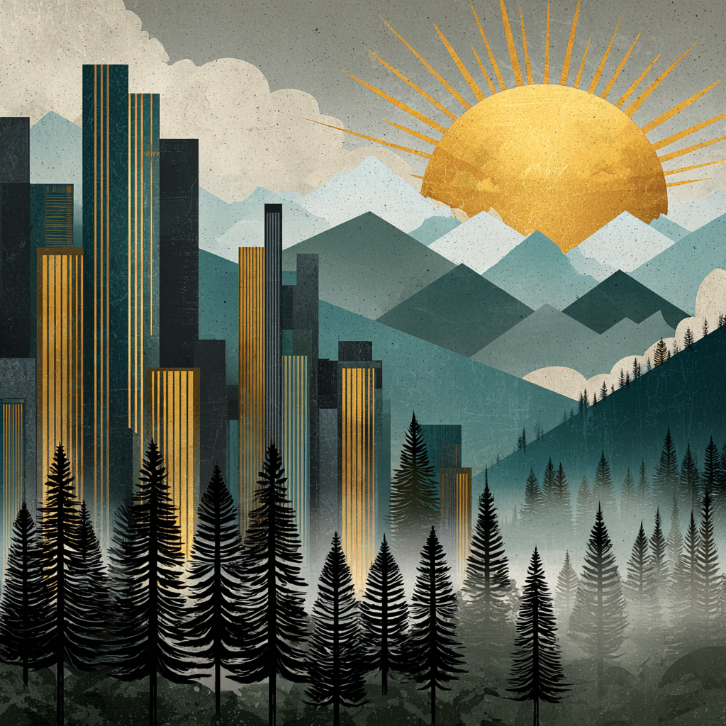 ArtDeco Stadtlandschaft Mit Bergen Und Baeumen | Art Deco | Stilrichtungen