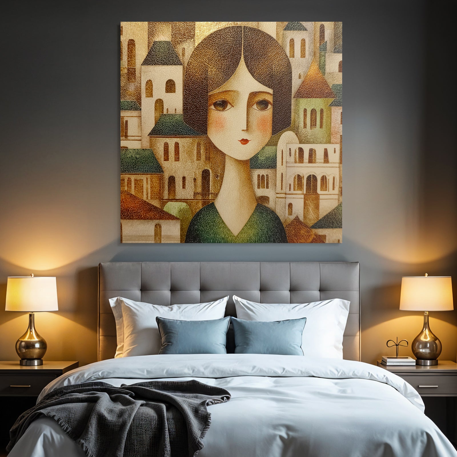 ArtDeco Stilisierte Frau Mit Bobfrisur Vor Abstrakten Gebauden In Warmen Erdtonen Mit Textur