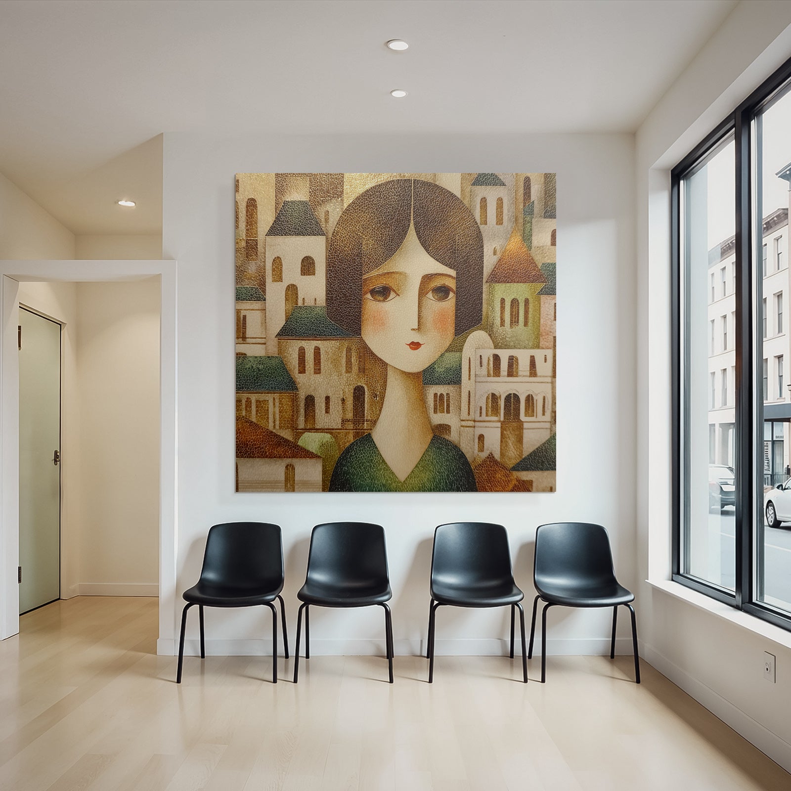 ArtDeco Stilisierte Frau Mit Bobfrisur Vor Abstrakten Gebauden In Warmen Erdtonen Mit Textur