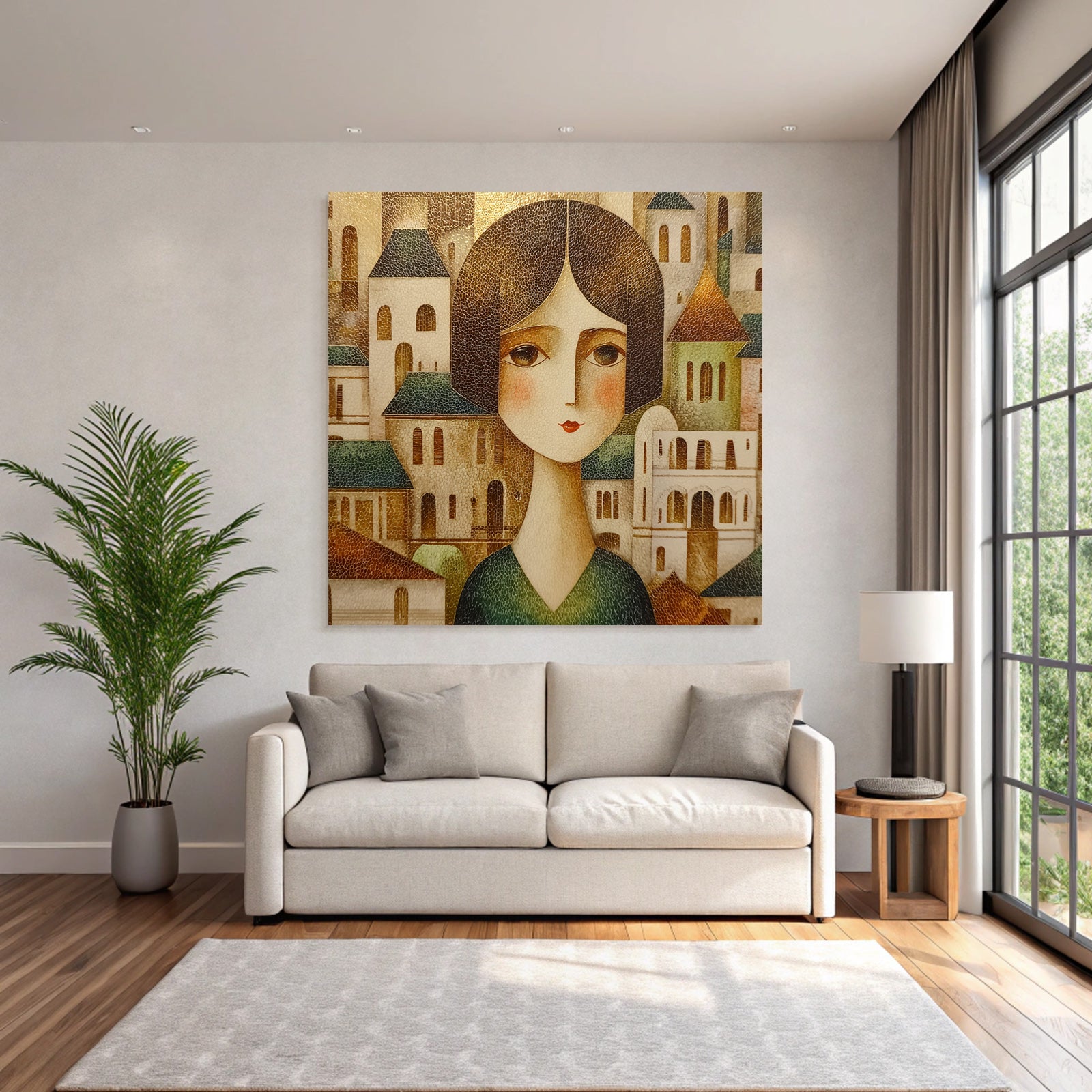 ArtDeco Stilisierte Frau Mit Bobfrisur Vor Abstrakten Gebauden In Warmen Erdtonen Mit Textur