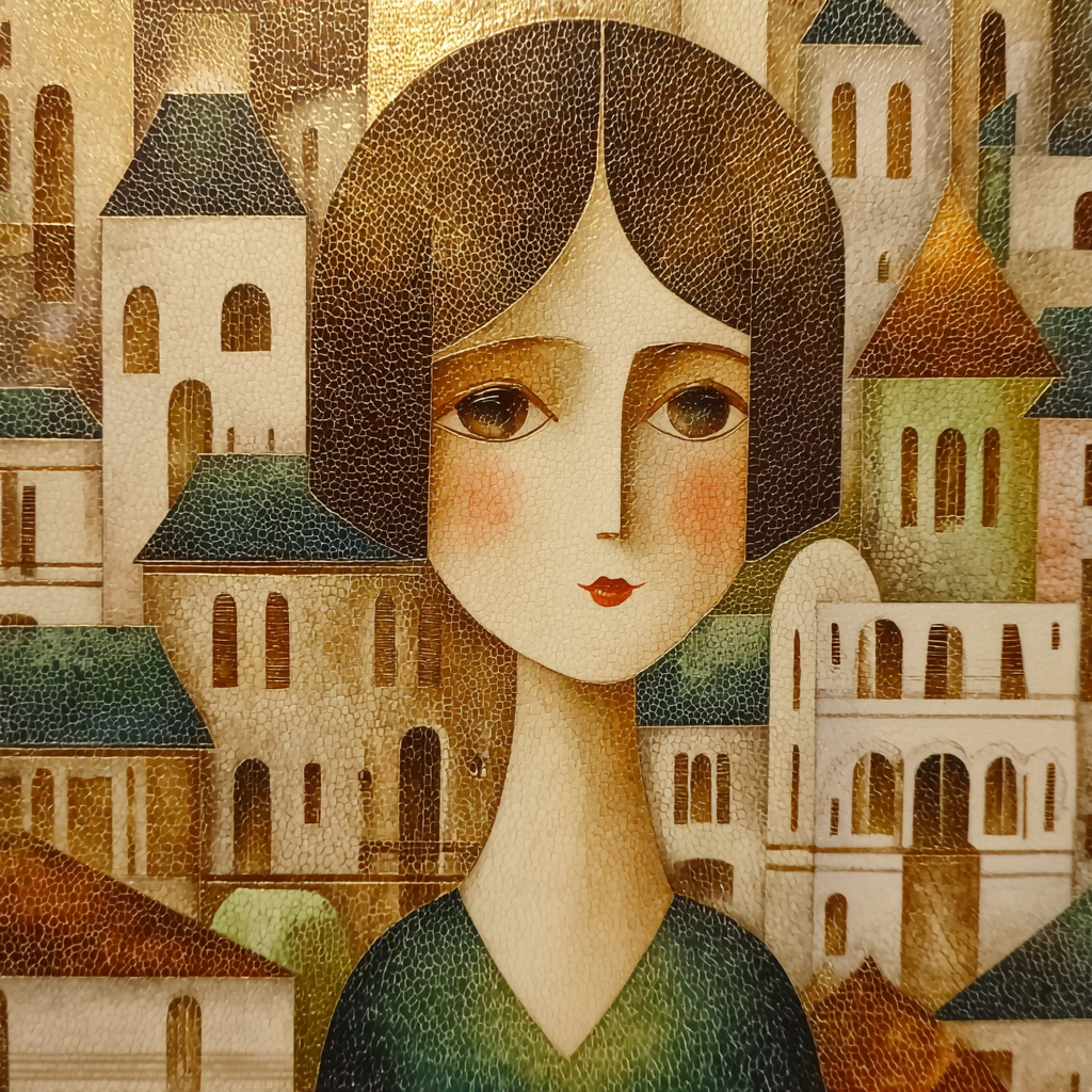 ArtDeco Stilisierte Frau Mit Bobfrisur Vor Abstrakten Gebauden In Warmen Erdtonen Mit Textur | Art Deco | Stilrichtungen