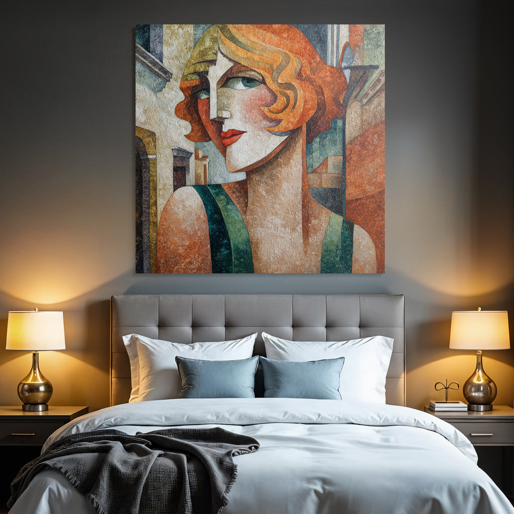 ArtDeco Stilisierte Frau Mit Wellenhaar Vor Architekturkulisse