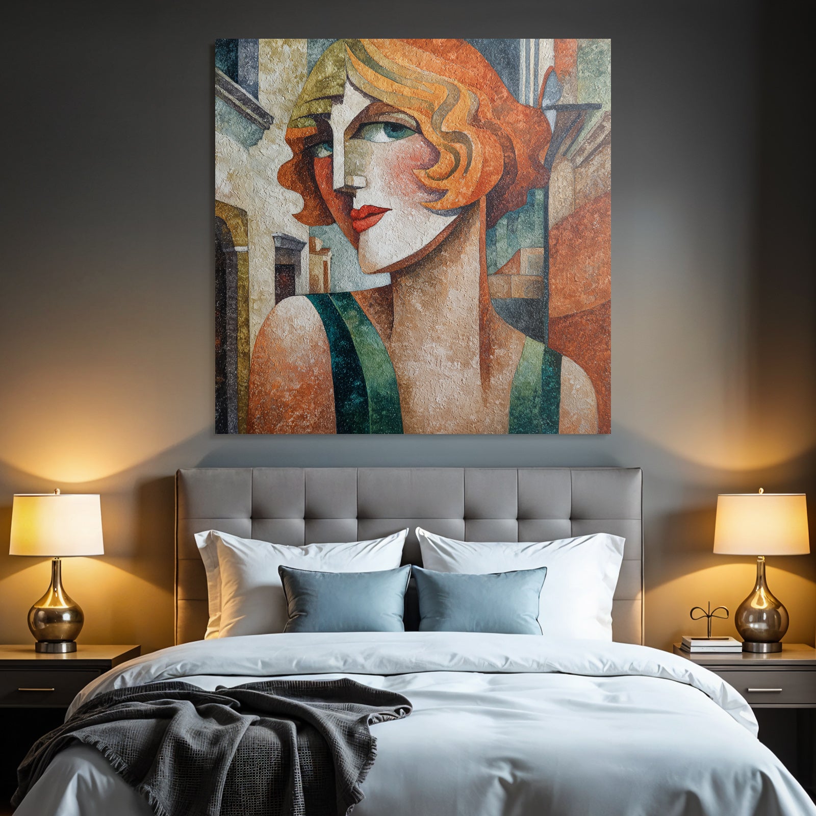 ArtDeco Stilisierte Frau Mit Wellenhaar Vor Architekturkulisse