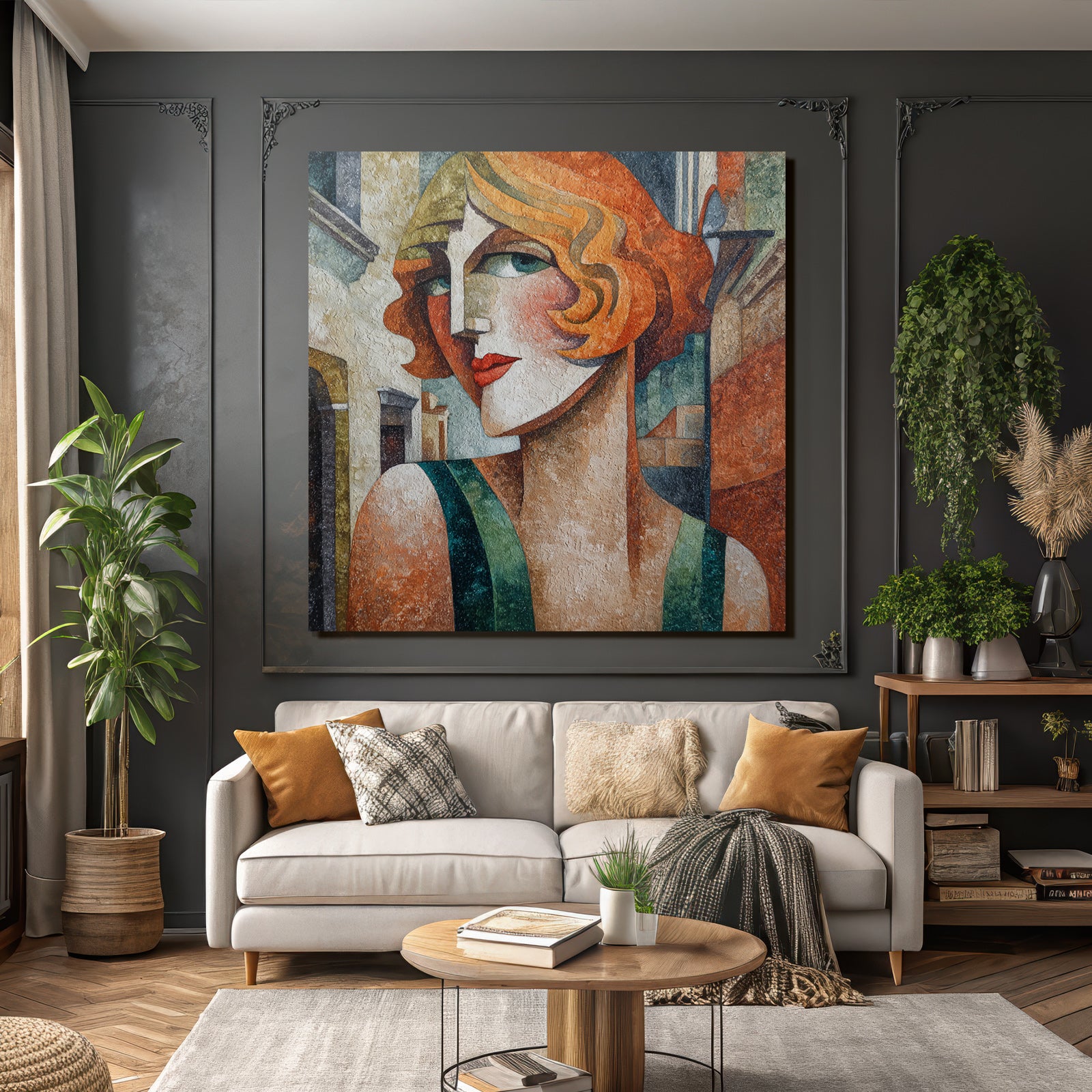 ArtDeco Stilisierte Frau Mit Wellenhaar Vor Architekturkulisse