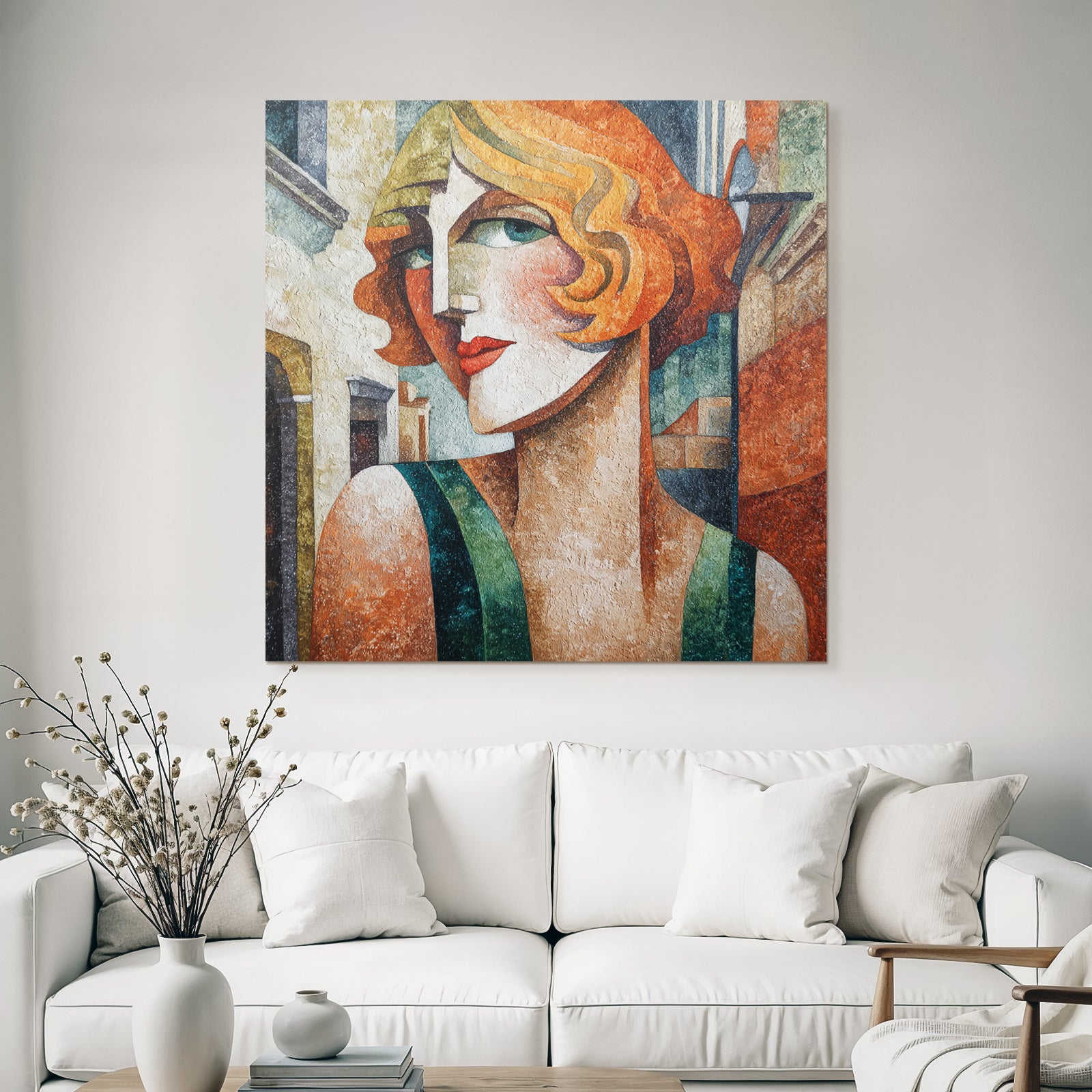 ArtDeco Stilisierte Frau Mit Wellenhaar Vor Architekturkulisse