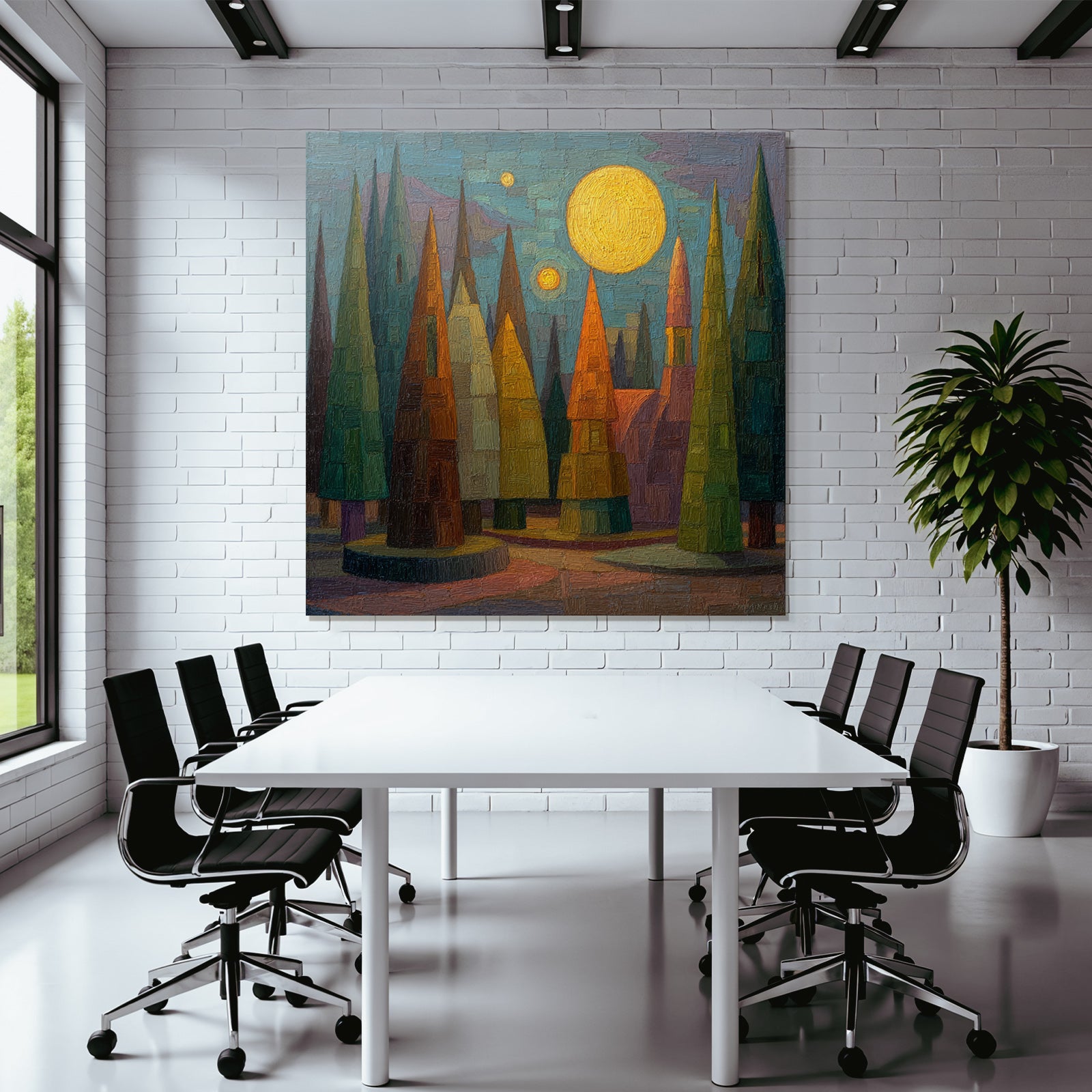 ArtDeco Stilisierte Landschaft Mit Kegelförmigen Baeumen Und Grosser Sonne