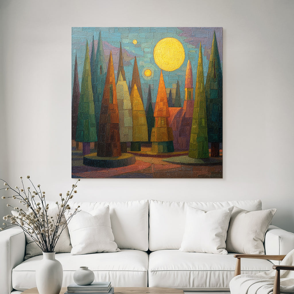 ArtDeco Stilisierte Landschaft Mit Kegelförmigen Baeumen Und Grosser Sonne