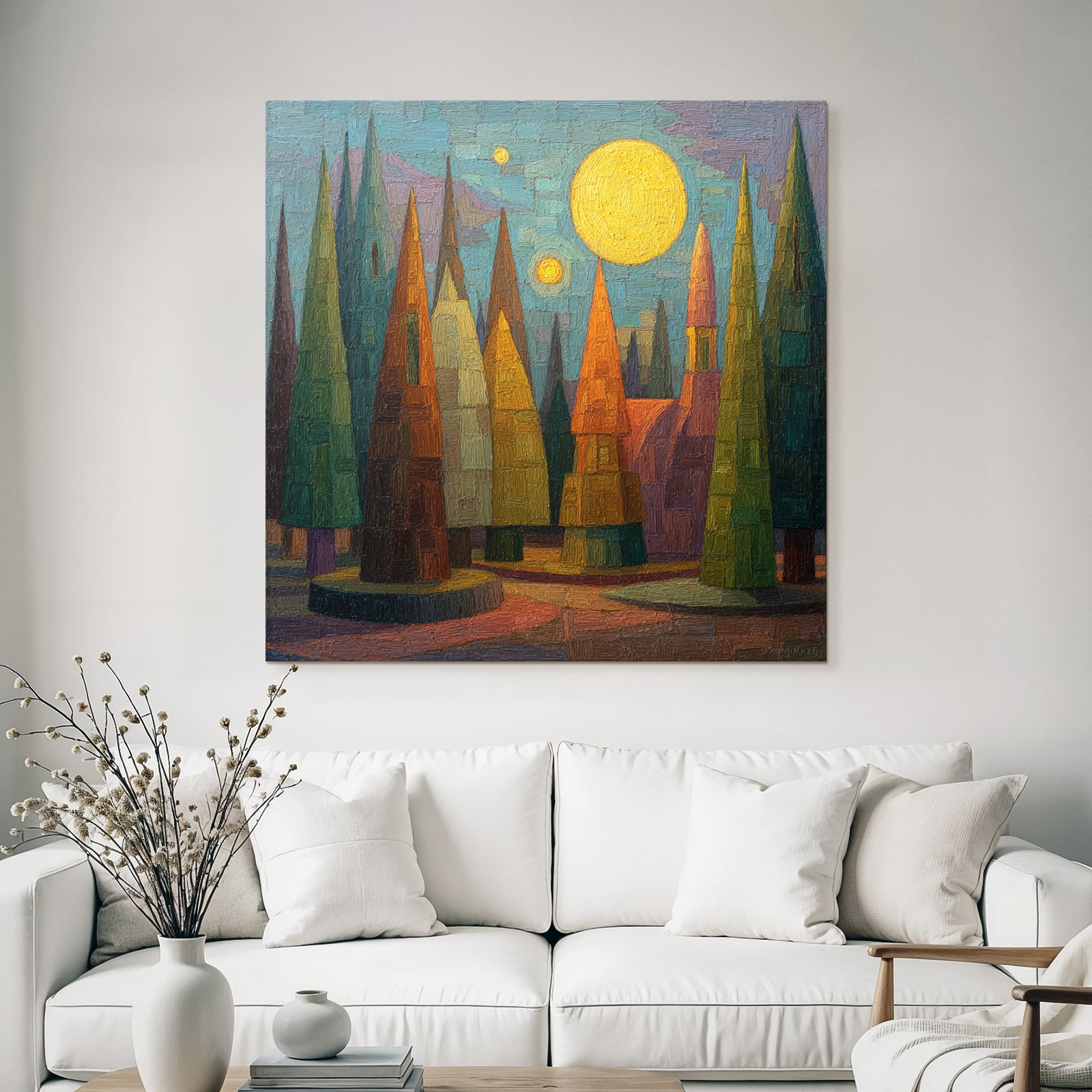 ArtDeco Stilisierte Landschaft Mit Kegelförmigen Baeumen Und Grosser Sonne