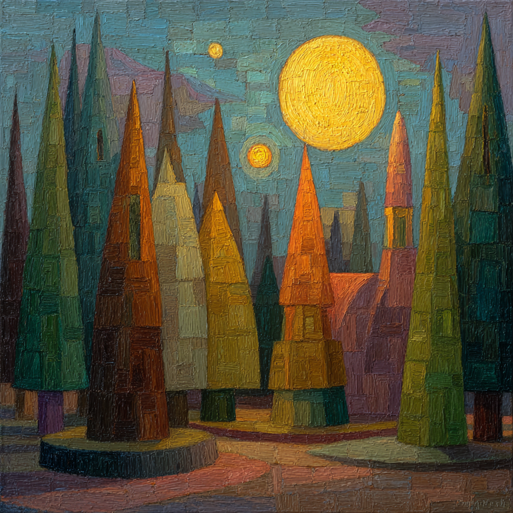 ArtDeco Stilisierte Landschaft Mit Kegelförmigen Baeumen Und Grosser Sonne | Art Deco | Stilrichtungen
