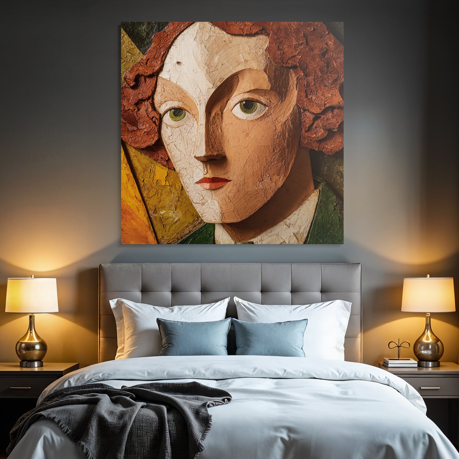 ArtDeco Texturierte Kunst Mit Stilisiertem Gesicht In Erdfarben