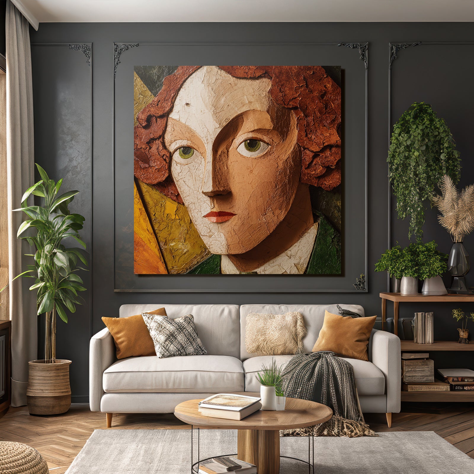 ArtDeco Texturierte Kunst Mit Stilisiertem Gesicht In Erdfarben