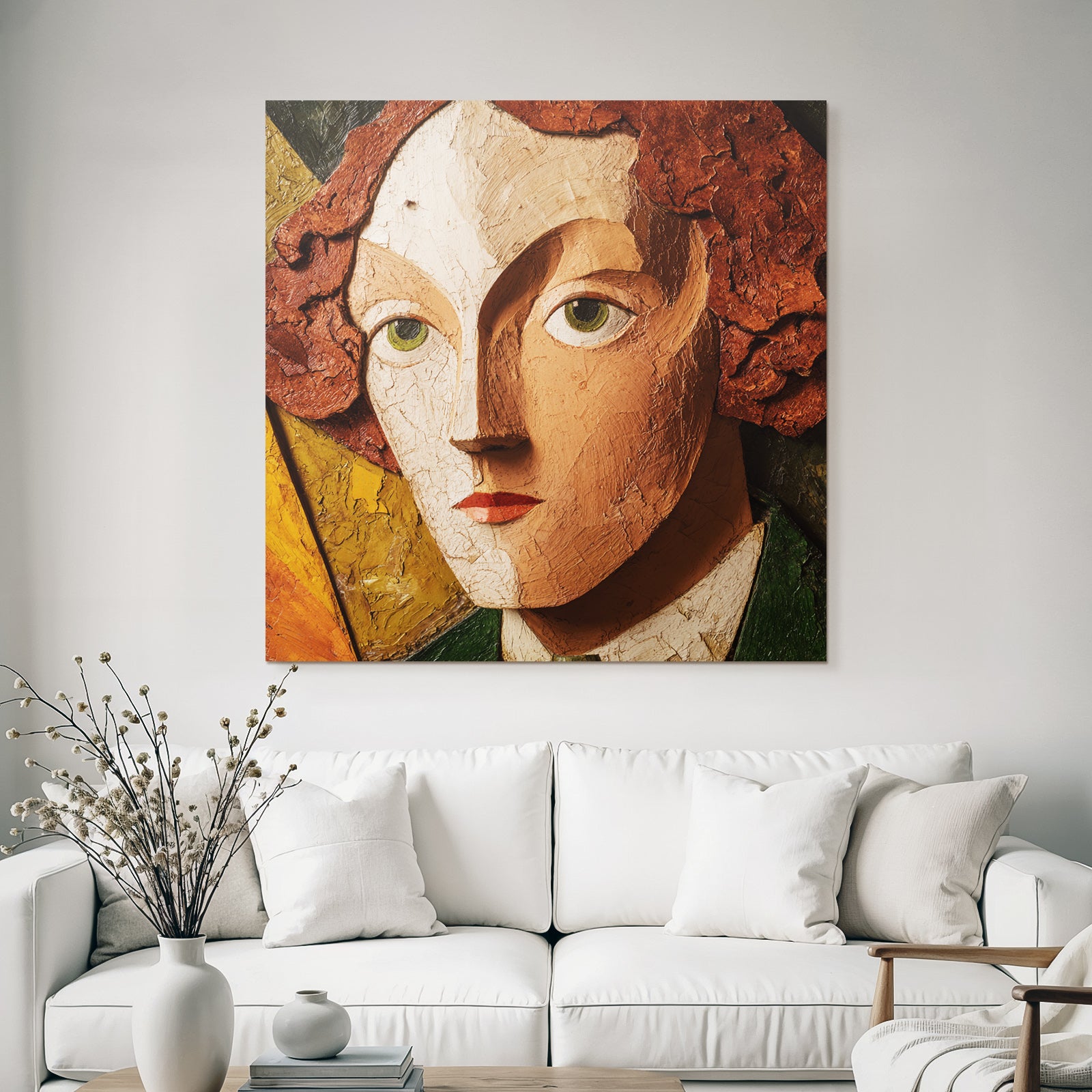 ArtDeco Texturierte Kunst Mit Stilisiertem Gesicht In Erdfarben