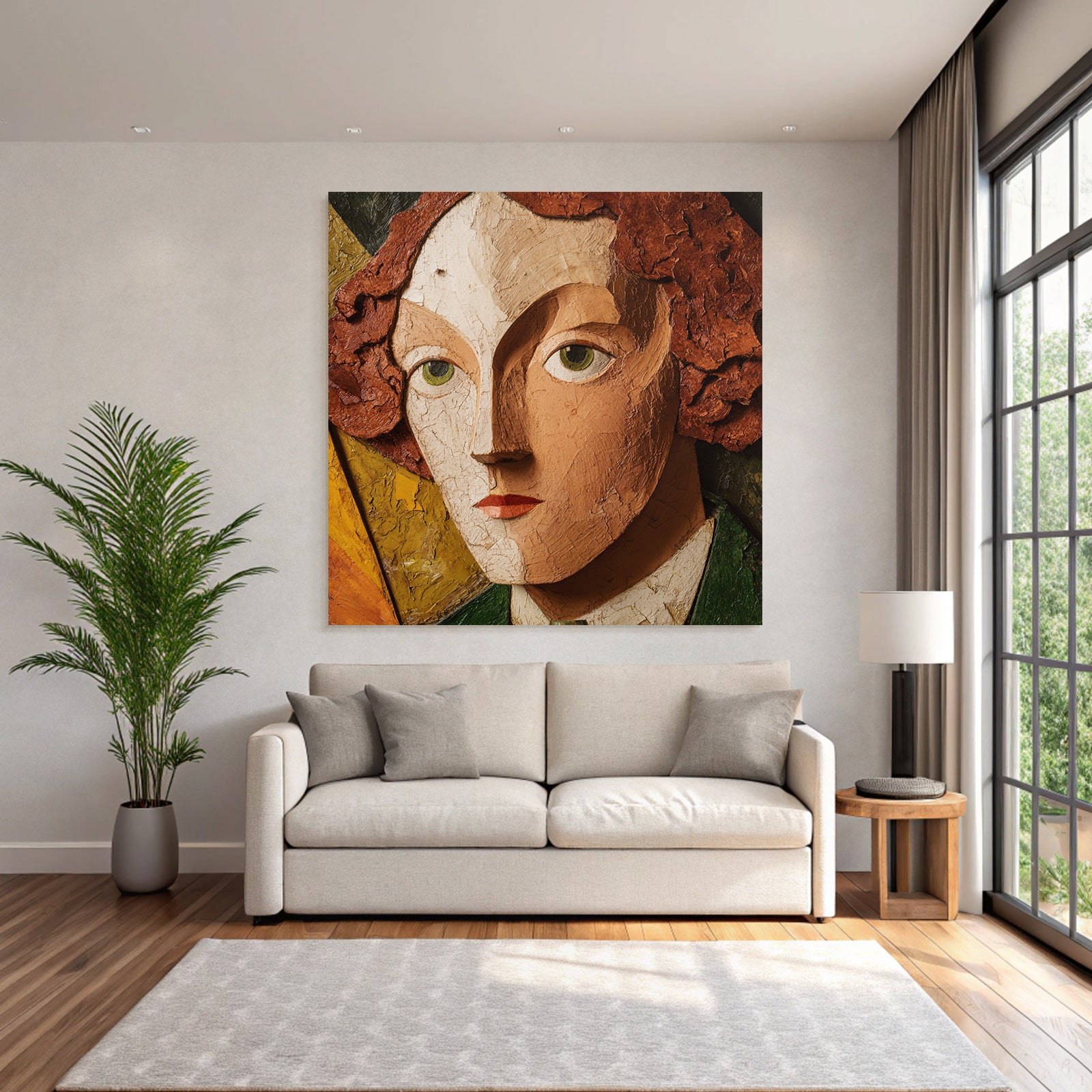 ArtDeco Texturierte Kunst Mit Stilisiertem Gesicht In Erdfarben