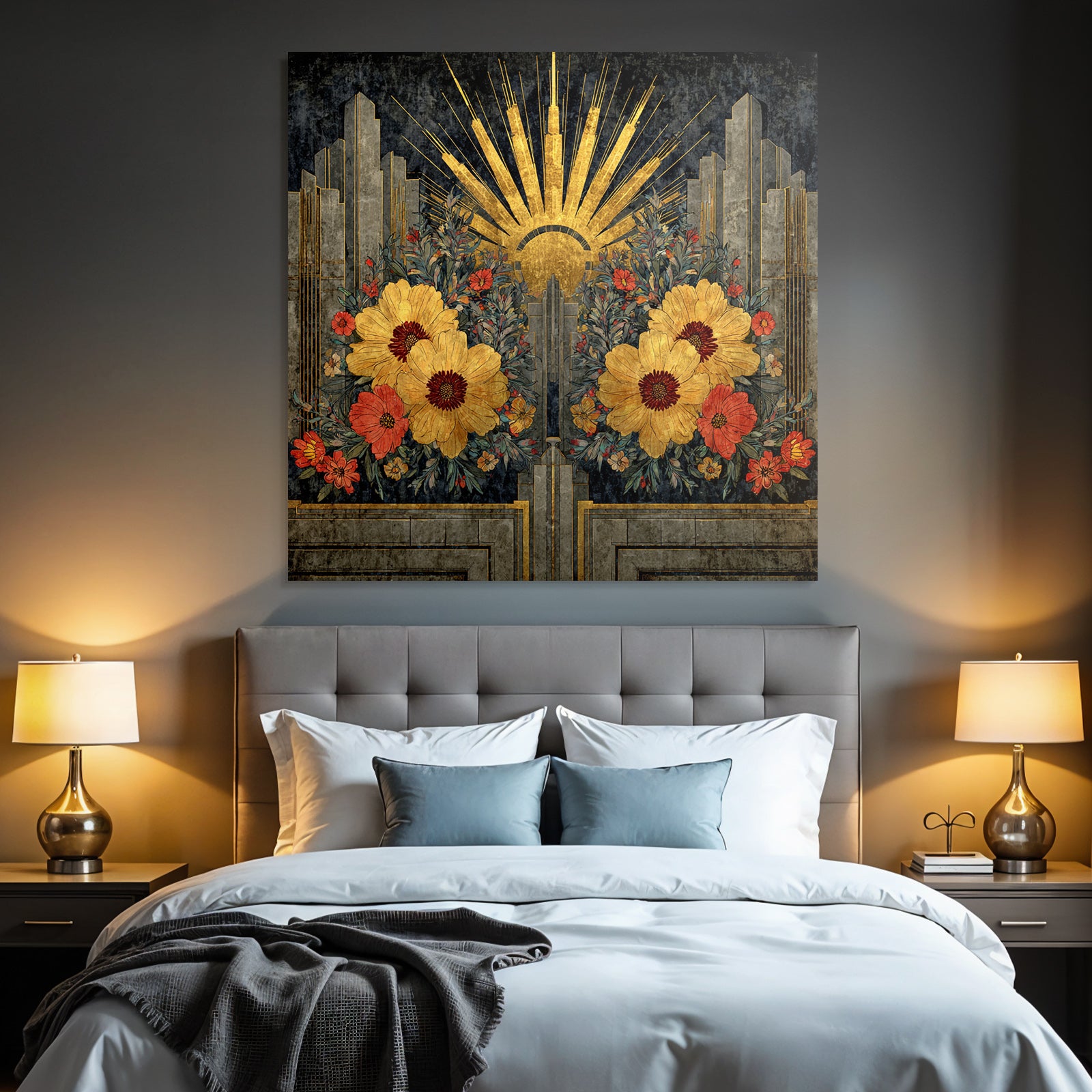 ArtDeco Design Mit Gelben Und Roten Blumen Und Geometrischen Mustern