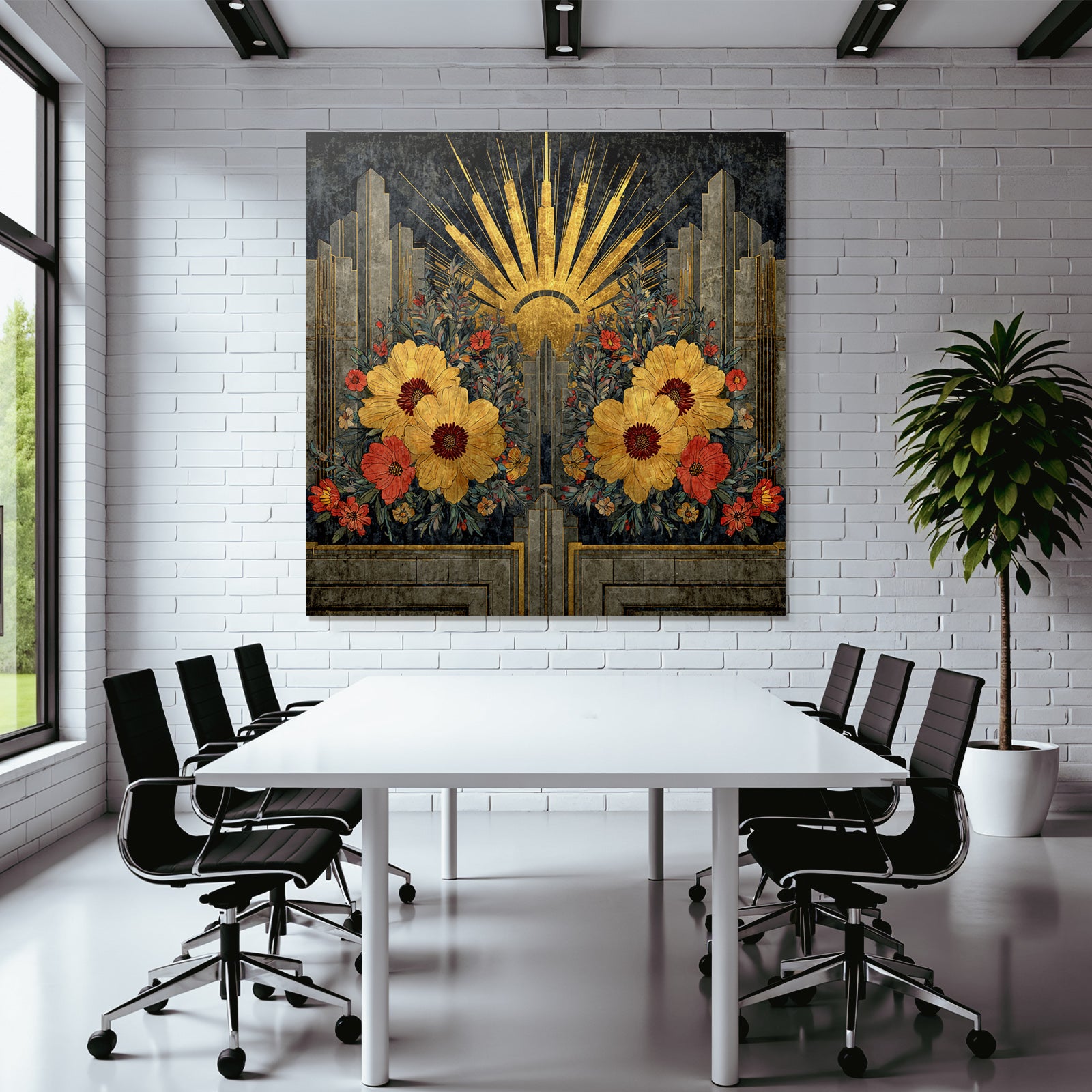 ArtDeco Design Mit Gelben Und Roten Blumen Und Geometrischen Mustern