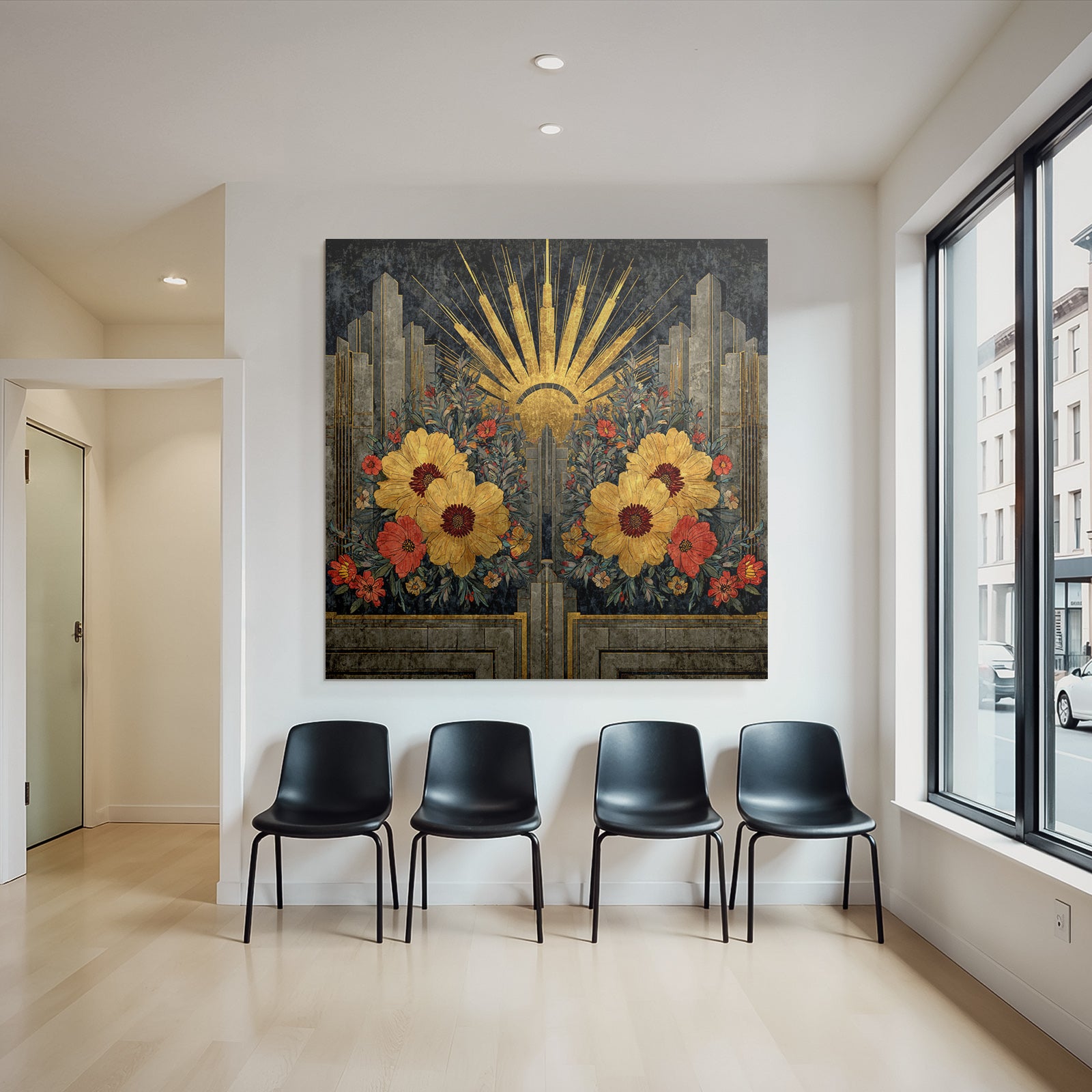 ArtDeco Design Mit Gelben Und Roten Blumen Und Geometrischen Mustern