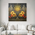 ArtDeco Design Mit Gelben Und Roten Blumen Und Geometrischen Mustern