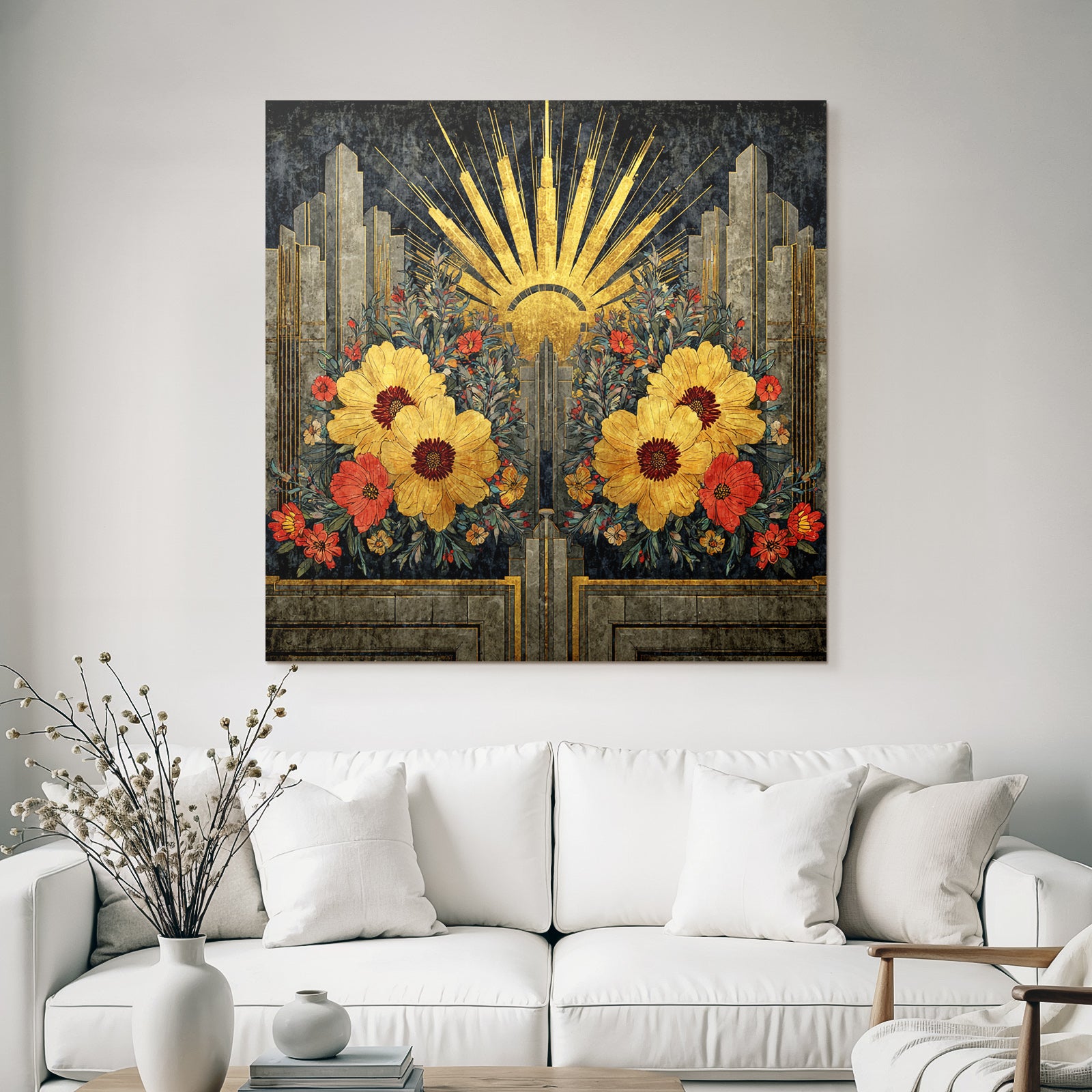 ArtDeco Design Mit Gelben Und Roten Blumen Und Geometrischen Mustern