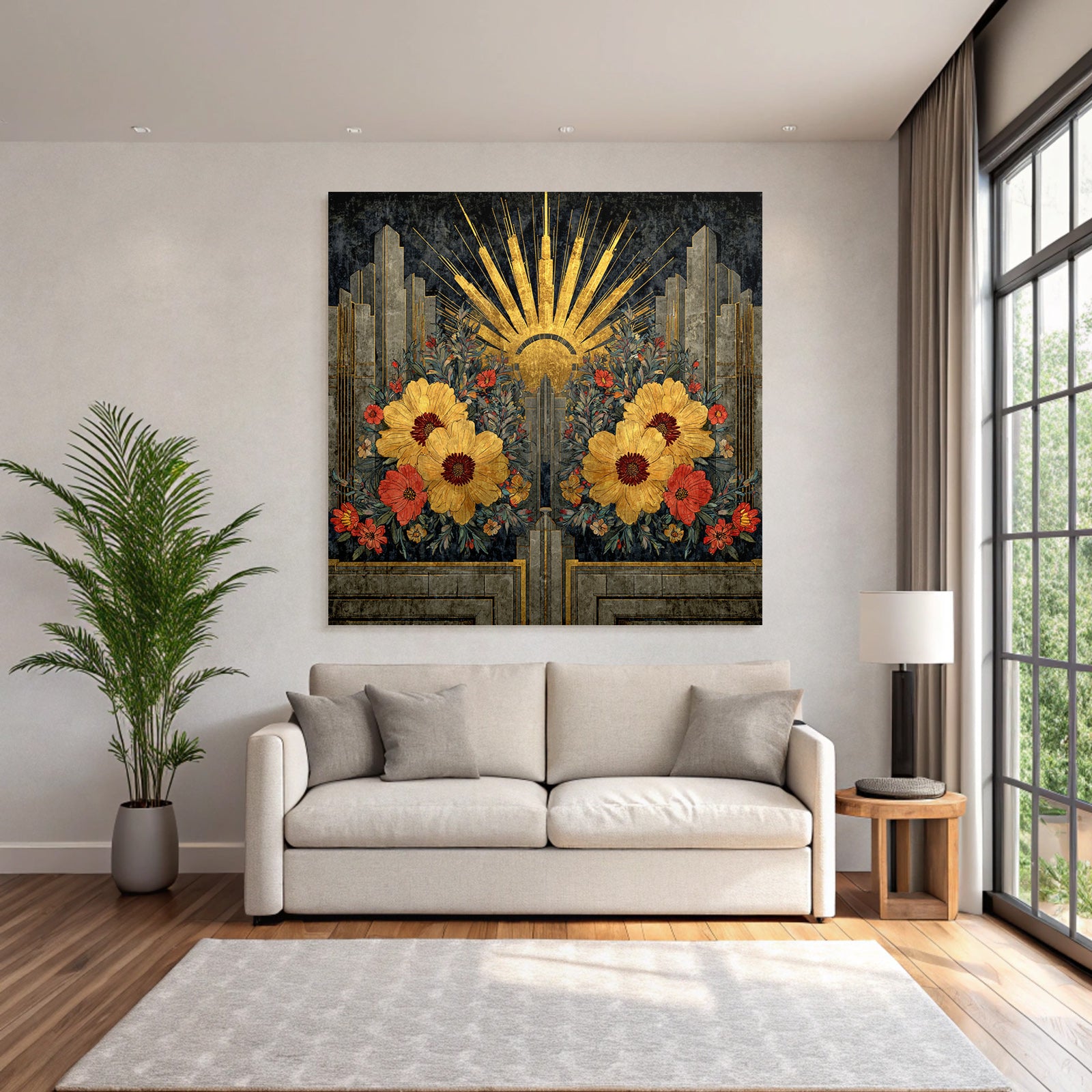 ArtDeco Design Mit Gelben Und Roten Blumen Und Geometrischen Mustern