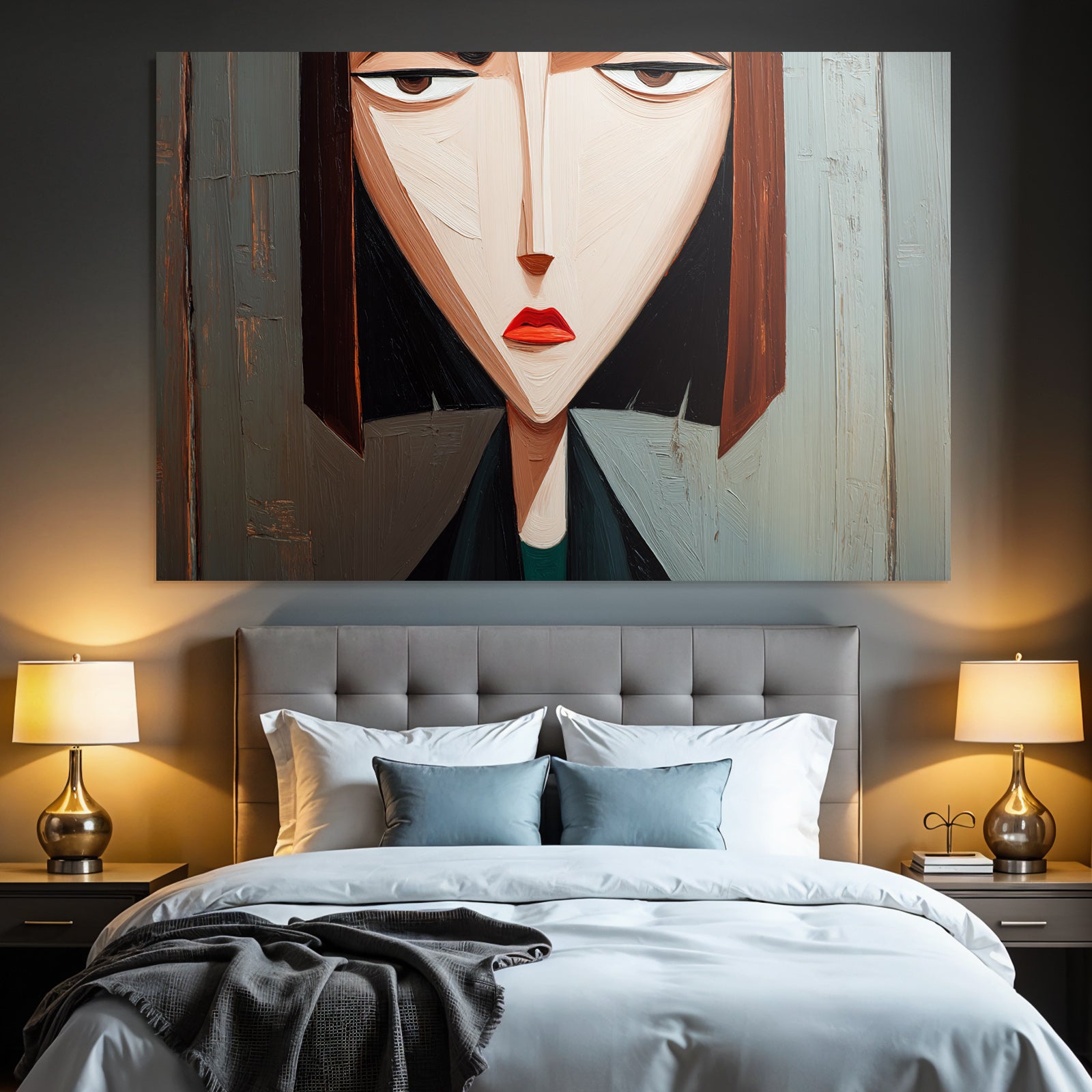 ArtDeco Abstraktes Portrait Einer Frau Mit Spitzenwinkeln Und Holzhintergrund
