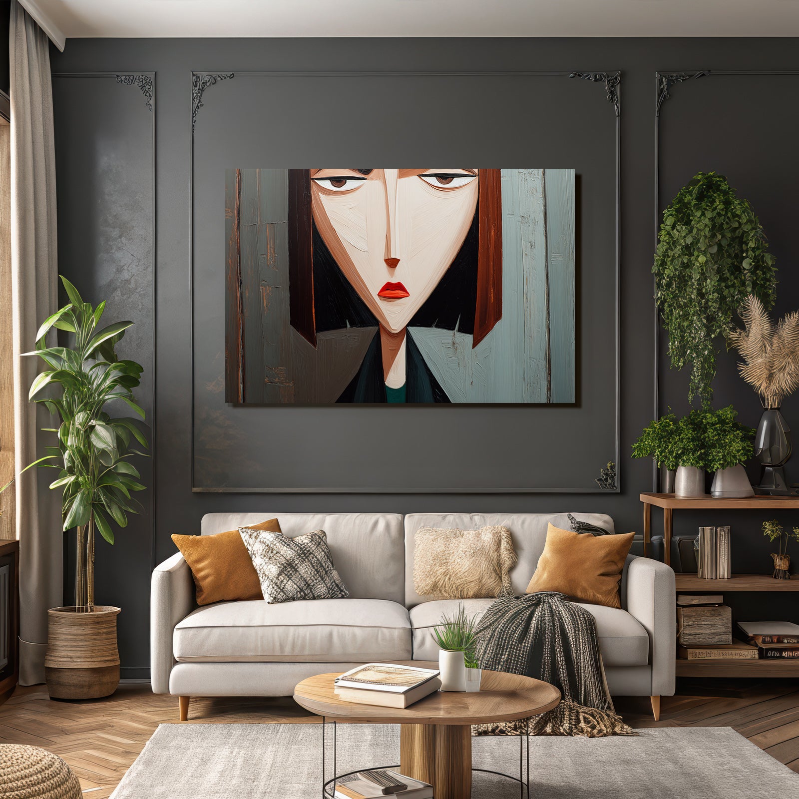 ArtDeco Abstraktes Portrait Einer Frau Mit Spitzenwinkeln Und Holzhintergrund