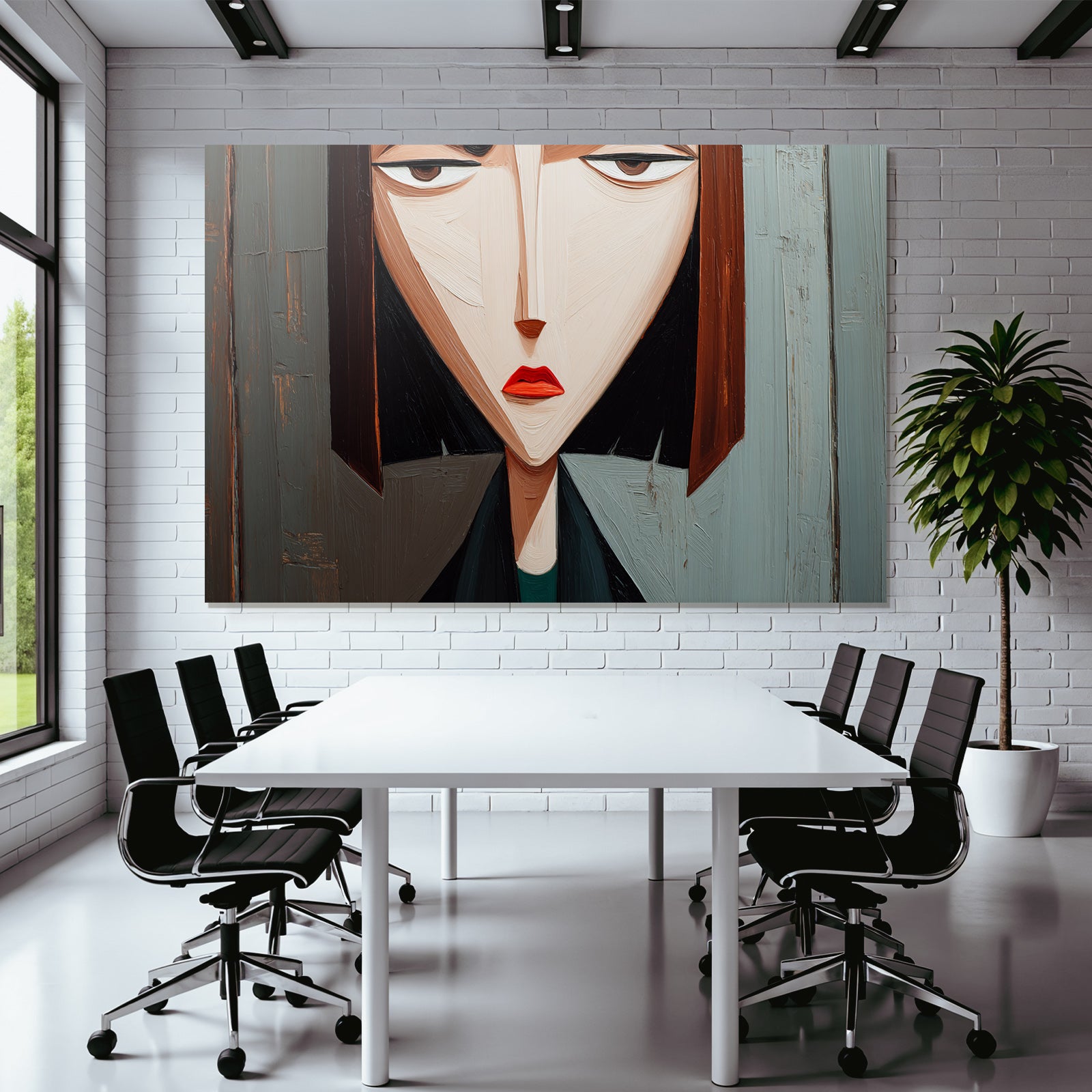 ArtDeco Abstraktes Portrait Einer Frau Mit Spitzenwinkeln Und Holzhintergrund