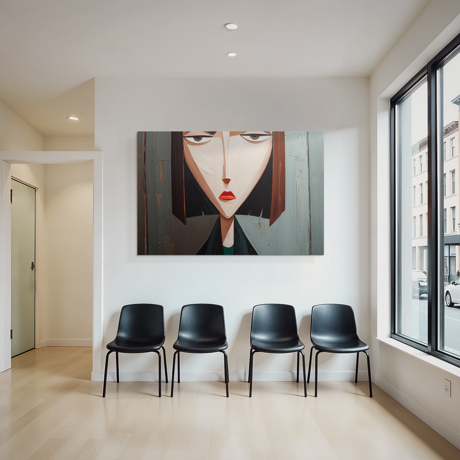ArtDeco Abstraktes Portrait Einer Frau Mit Spitzenwinkeln Und Holzhintergrund
