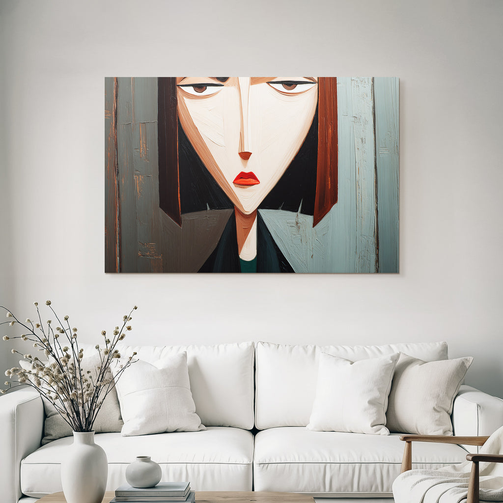 ArtDeco Abstraktes Portrait Einer Frau Mit Spitzenwinkeln Und Holzhintergrund