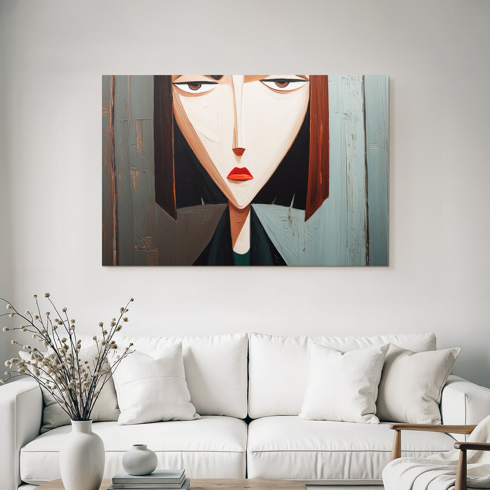 ArtDeco Abstraktes Portrait Einer Frau Mit Spitzenwinkeln Und Holzhintergrund