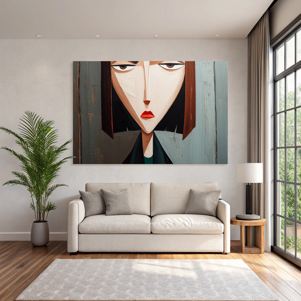 ArtDeco Abstraktes Portrait Einer Frau Mit Spitzenwinkeln Und Holzhintergrund