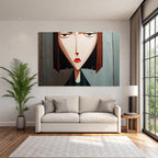 ArtDeco Abstraktes Portrait Einer Frau Mit Spitzenwinkeln Und Holzhintergrund